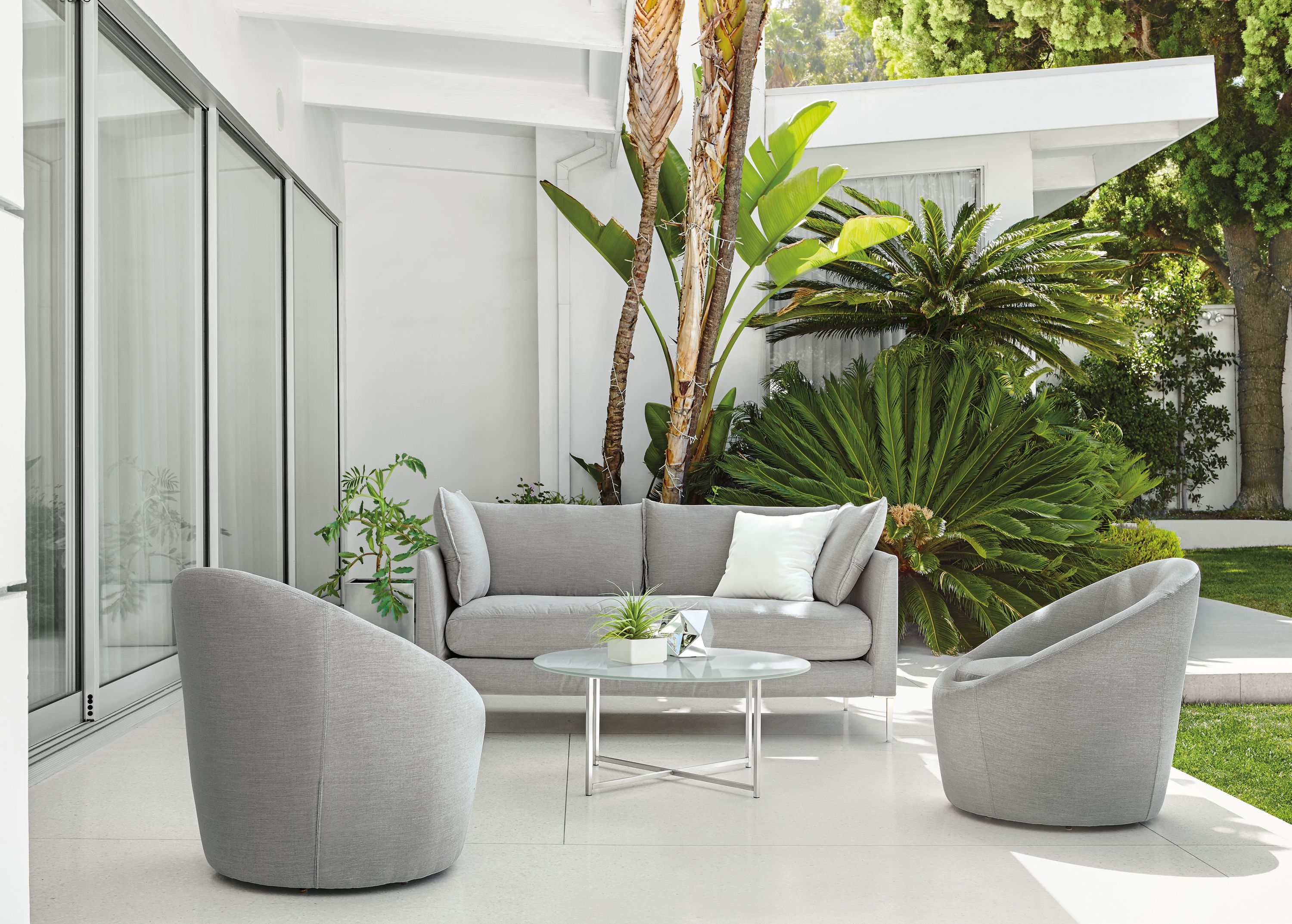 Detail of Palm bench-cushion sofa.