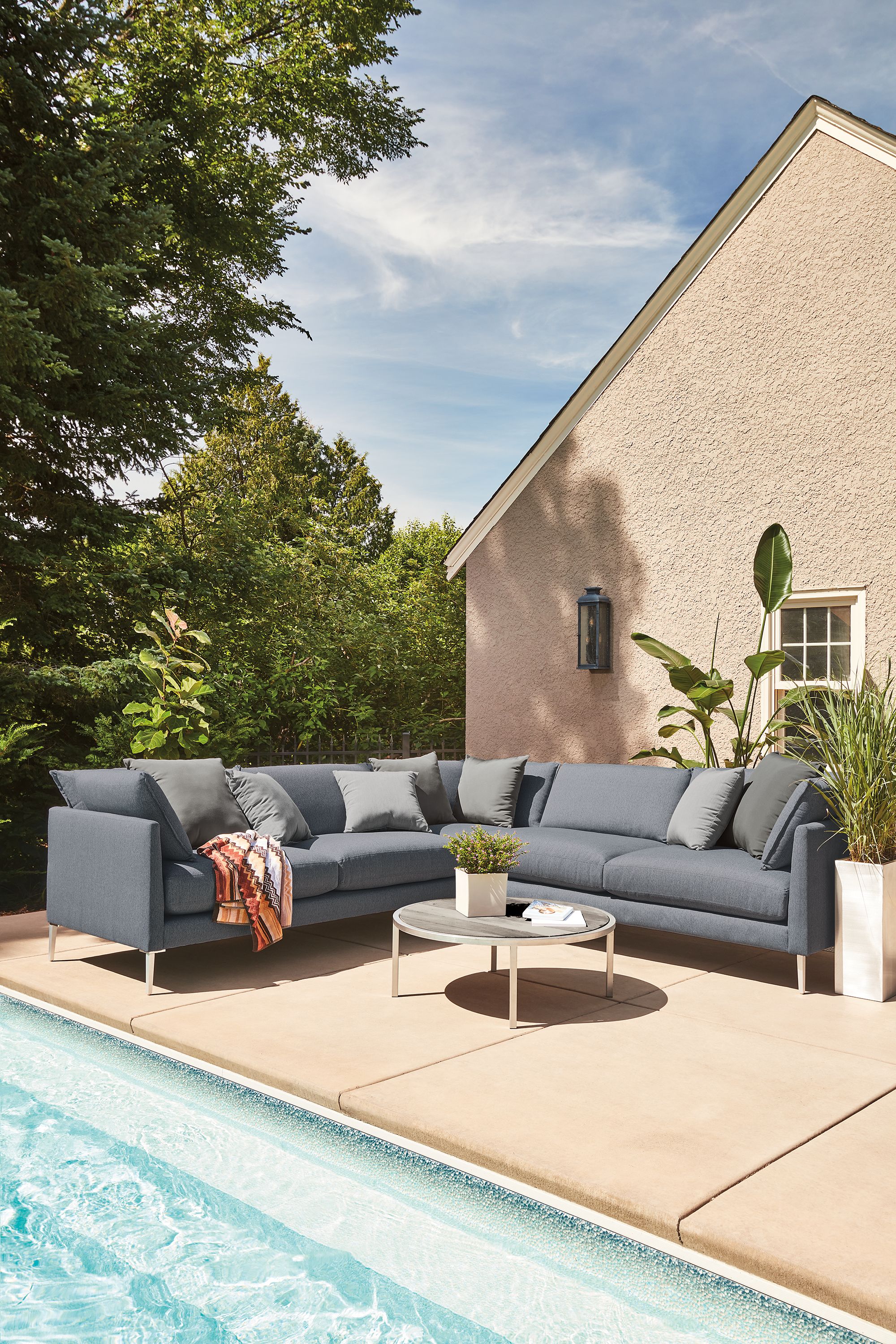 112x112" three-piece sectional in Mist navy fabric