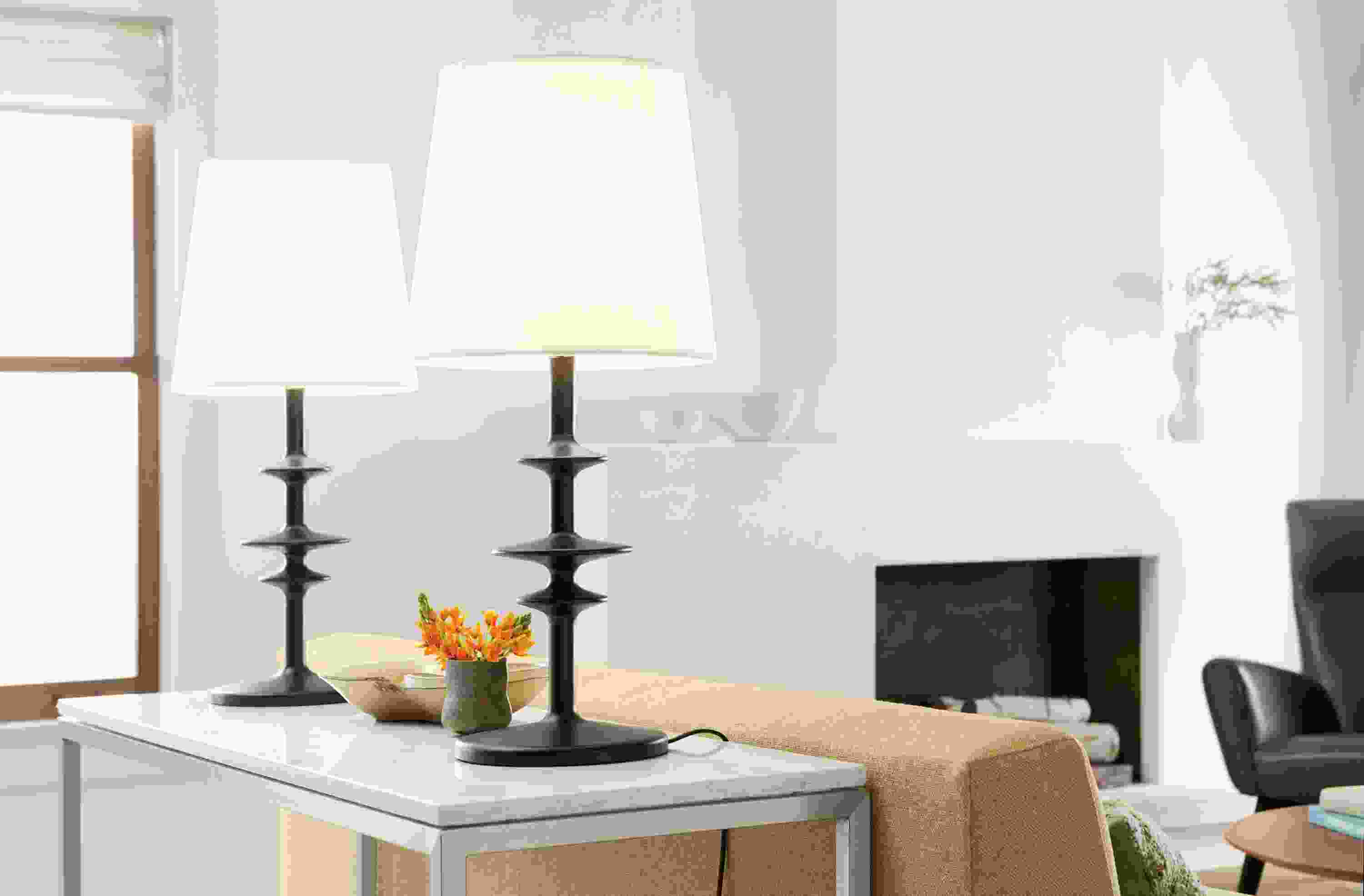 Detail of Parks table lamp with charcoal stain.