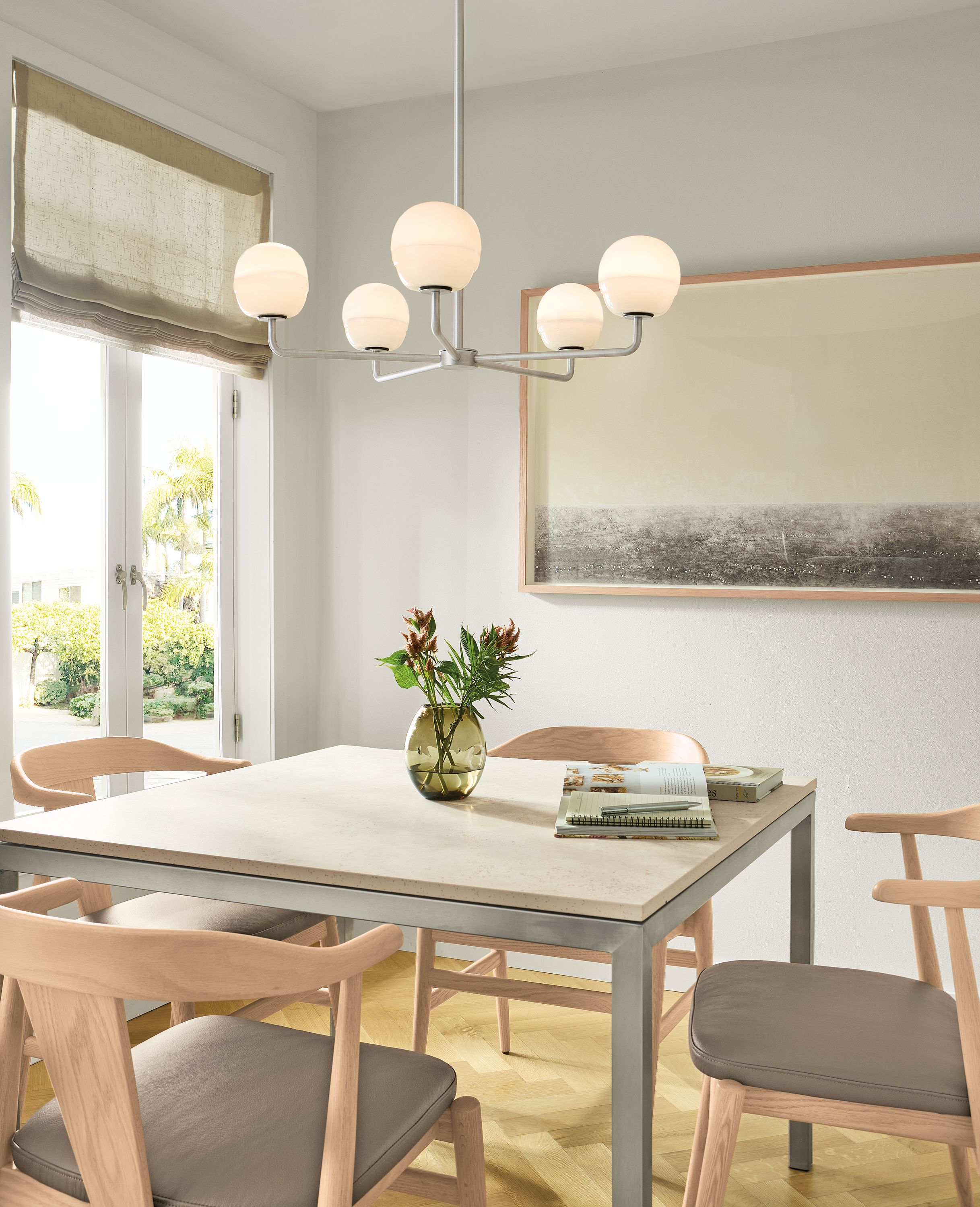 27" diam chandelier with globe milky white shades in brushed satin