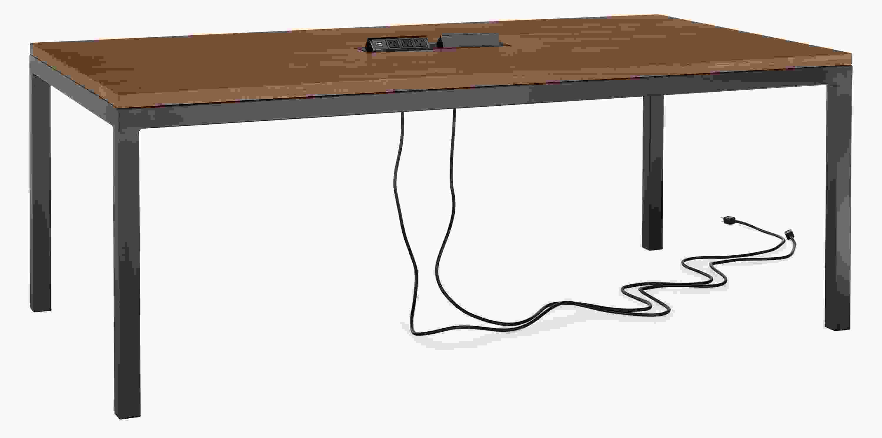 Angled view of Parsons 78-wide Table in Walnut with Tabletop 8-Port Power and Charging Outlet in Black in Silver.