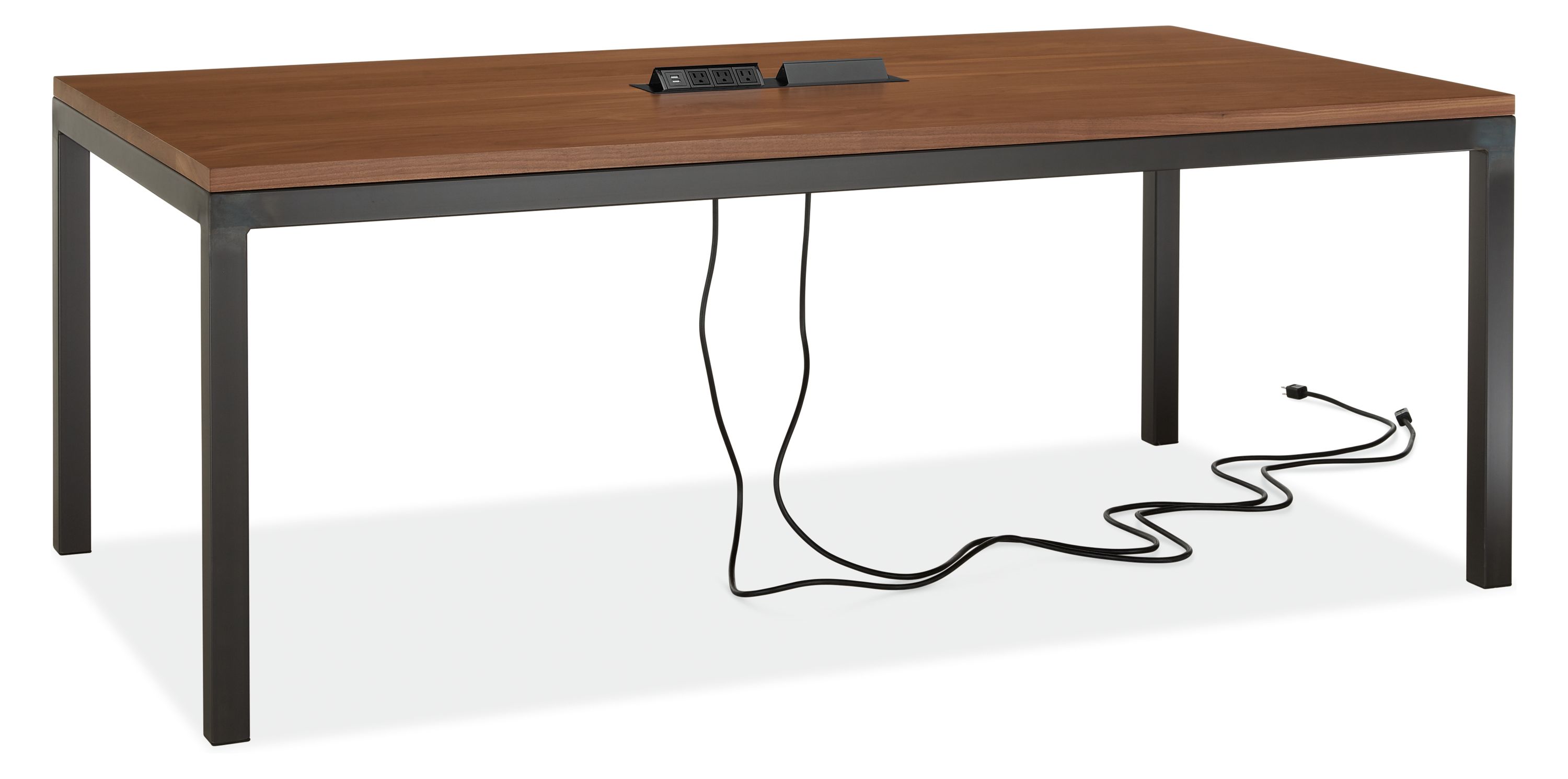 Angled view of Parsons 78-wide Table in Walnut with Tabletop 8-Port Power and Charging Outlet in Black in Silver.