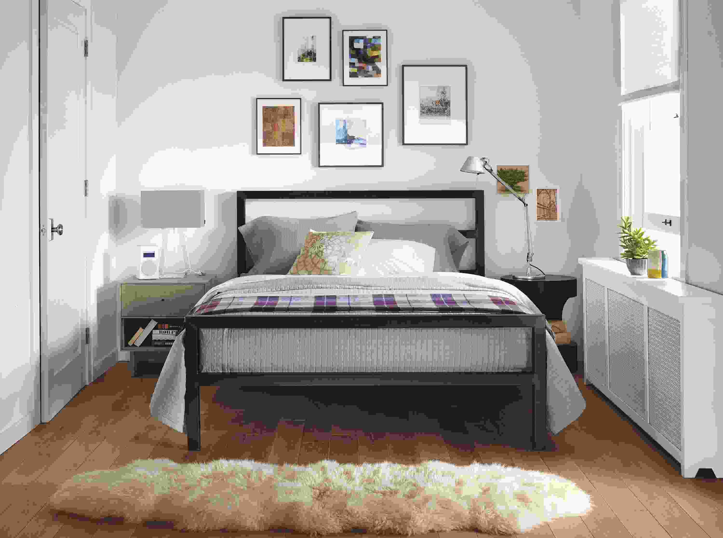 Bedroom with Parsons low bed in natural steel.