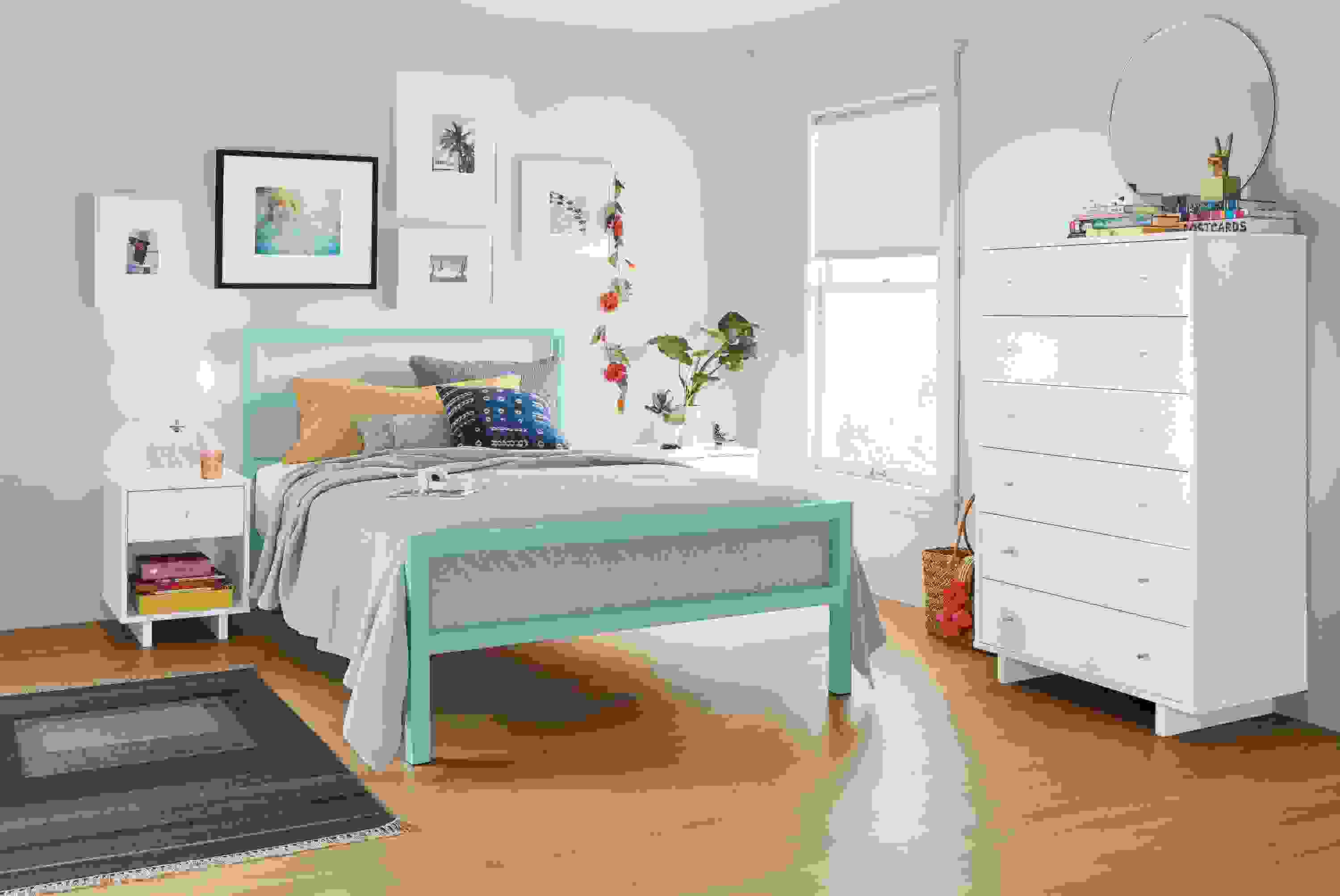 Detail of Parsons full bed in light blue.
