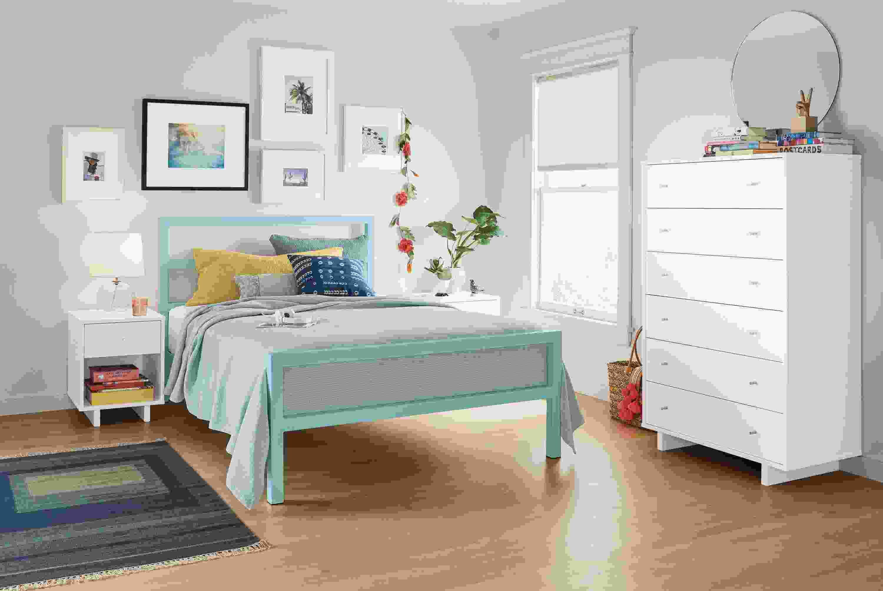 Detail of Parsons full bed in light blue.