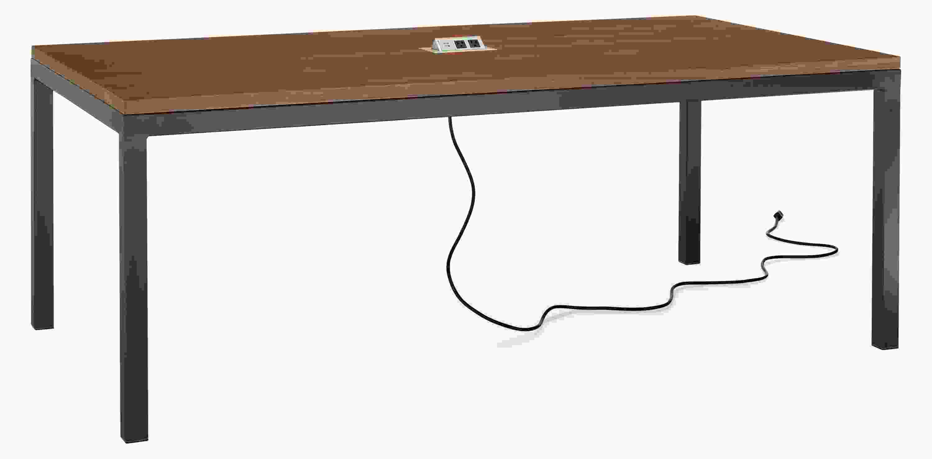 Angled view of Parsons 78-wide Table in Walnut with Tabletop 3-Port Power and Charging Outlet in Silver.