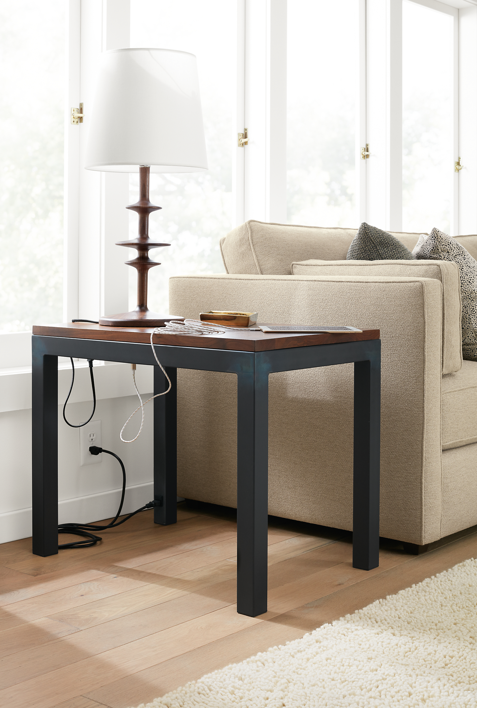 Detail of Parsons end table with power and USB.