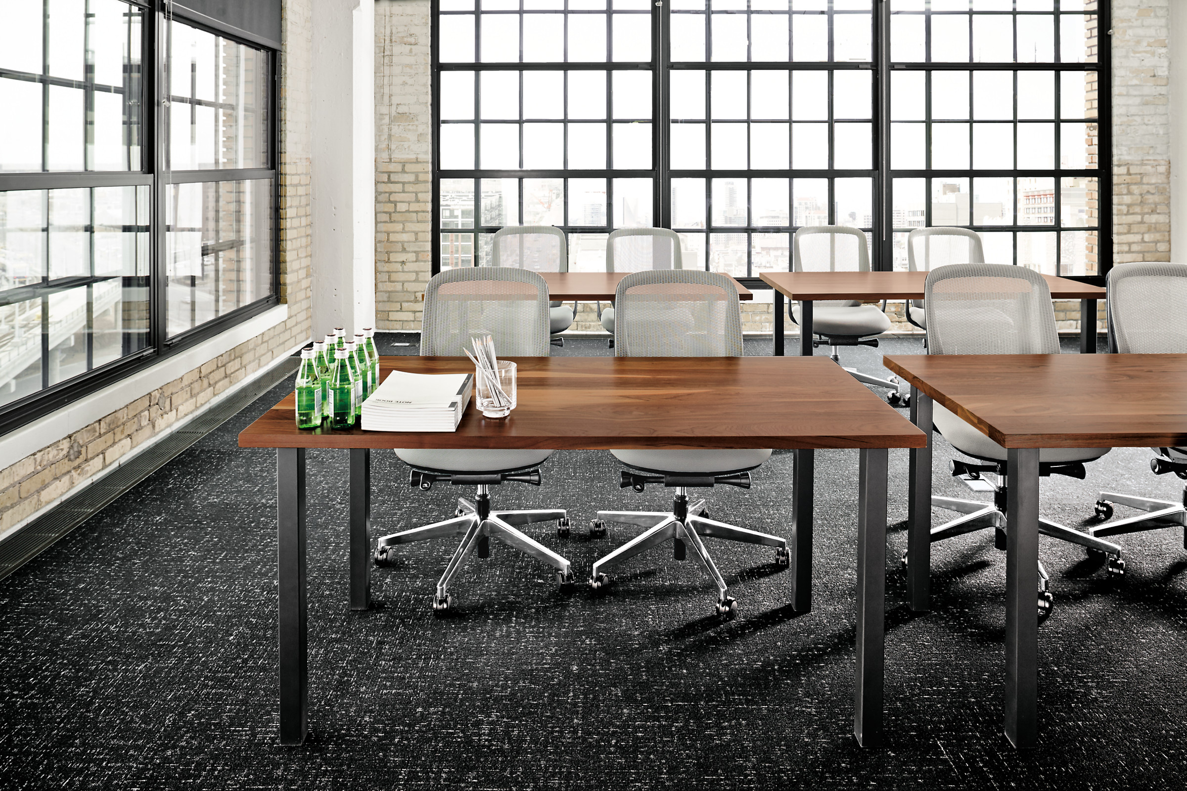 60w 30d tables with walnut top and 2" leg in natural steel