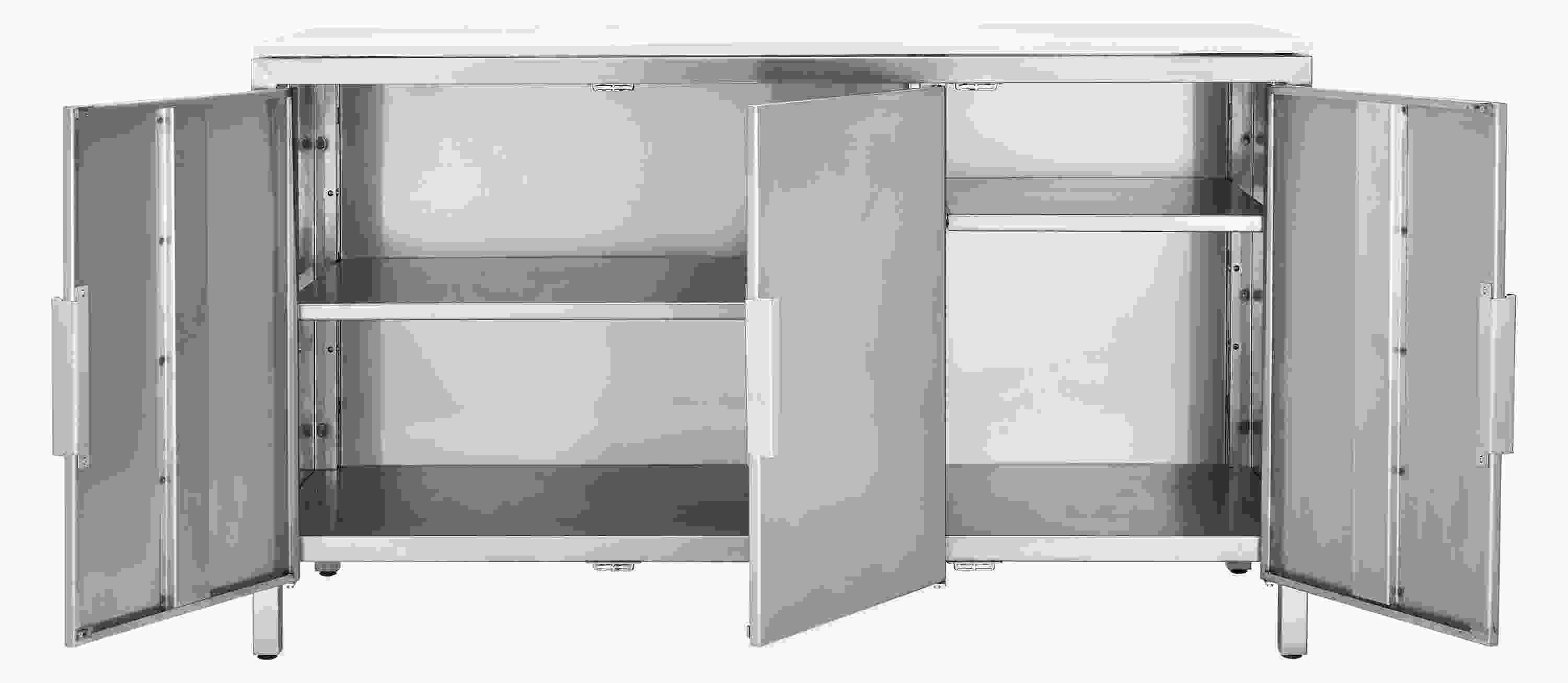 Parsons 60 x 24 x 35 outdoor kitchen 3-door storage cabinet in stainless steel shown with doors open.