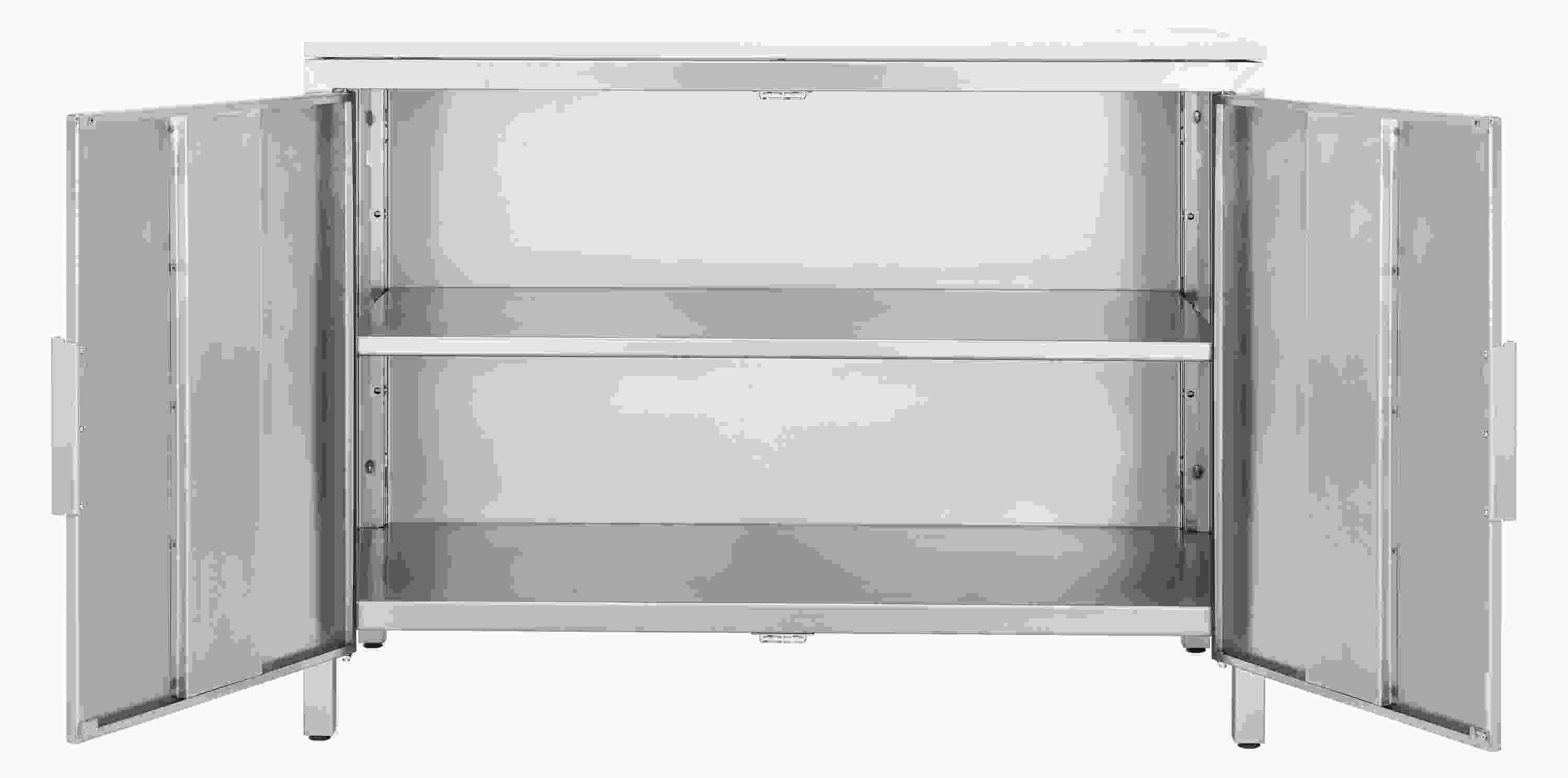 Parsons 48 by 24 by 35 outdoor kitchen two-door storage cabinet in stainless steel shown with doors open.