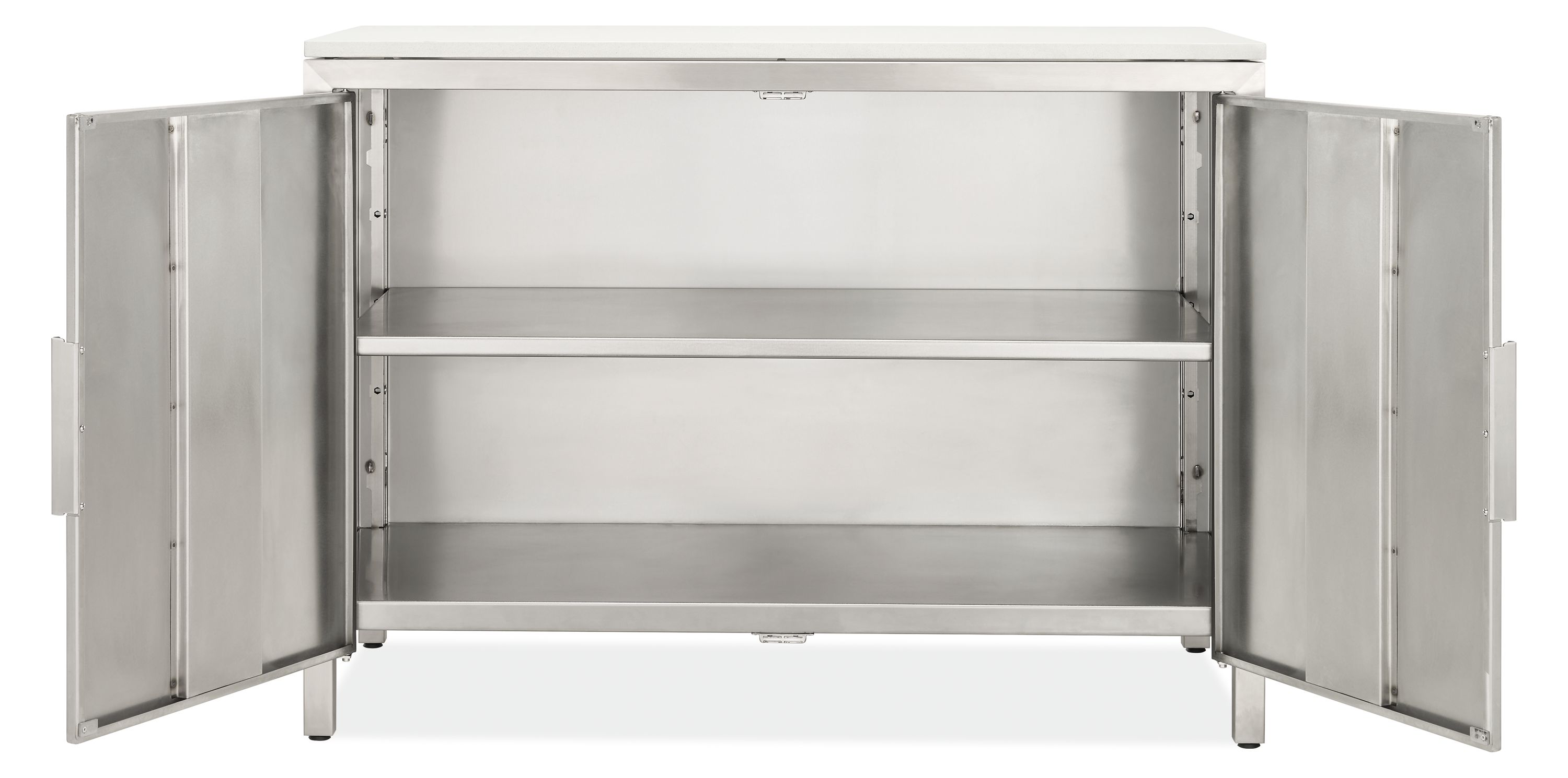 Parsons 48 by 24 by 35 outdoor kitchen two-door storage cabinet in stainless steel shown with doors open.