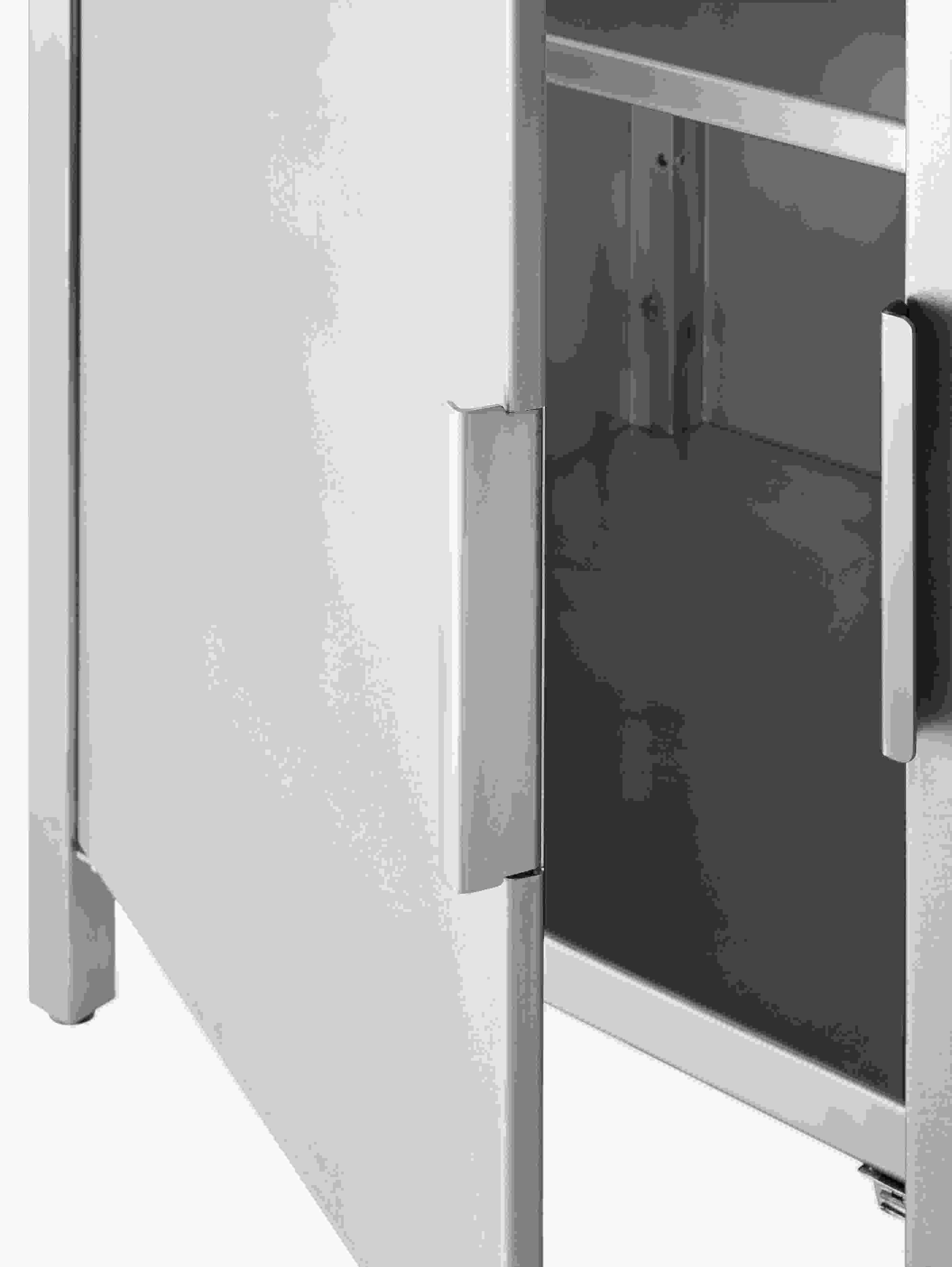 Detail of door hardware on parsons 48 by 24 by 35 outdoor kitchen two-door storage cabinet in stainless.