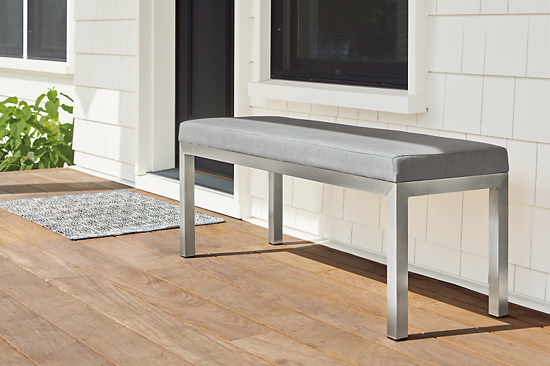 Outdoor setting with Parsons bench in Sunbrella canvas.