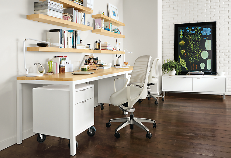 Office setting with parsons table with 1.5-inch legs in color with Copenhage file cabinet and luce chair. 