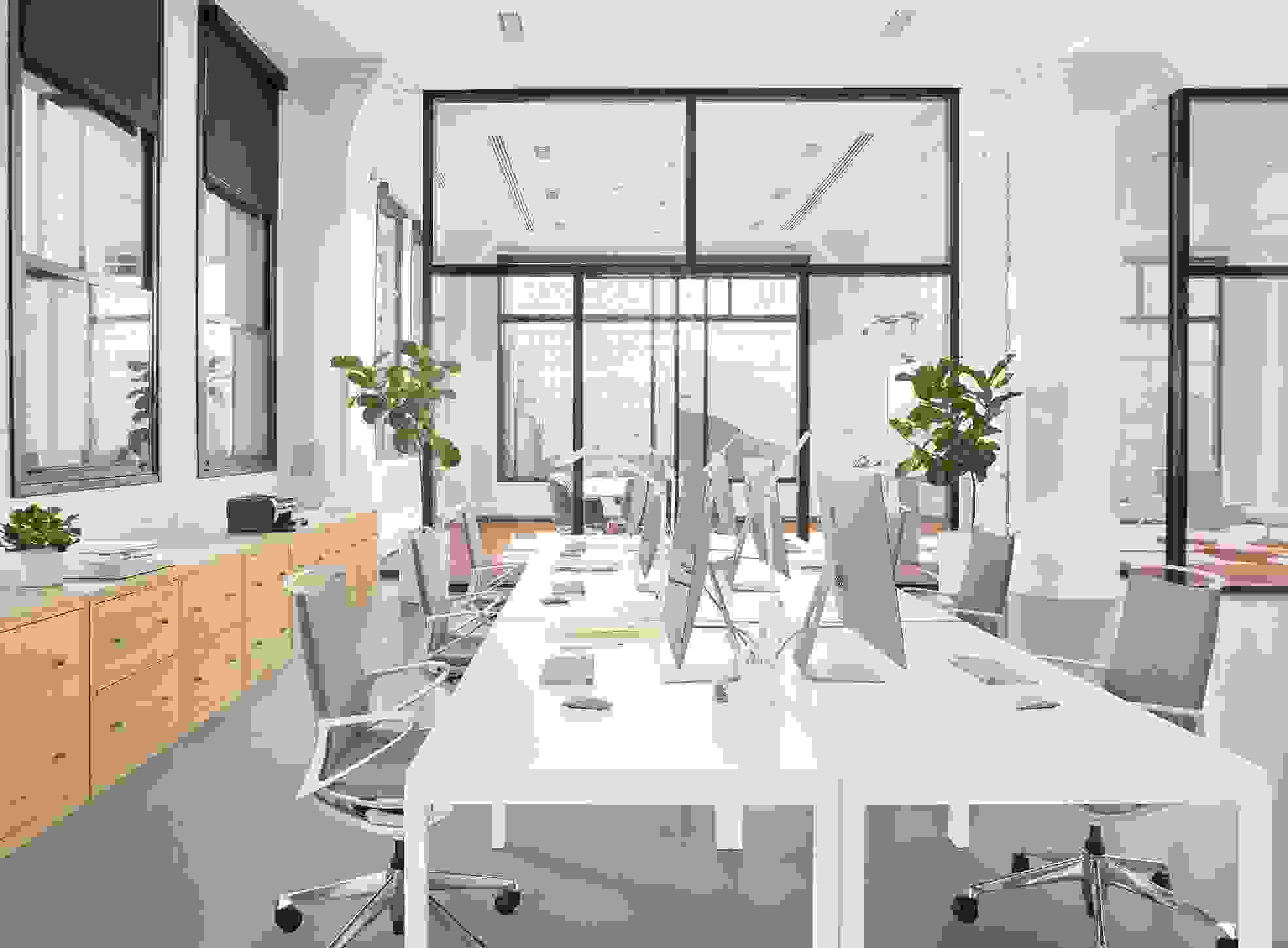 Business Interiors setting with Parsons 60-wide table with legs and plimode office chairs.