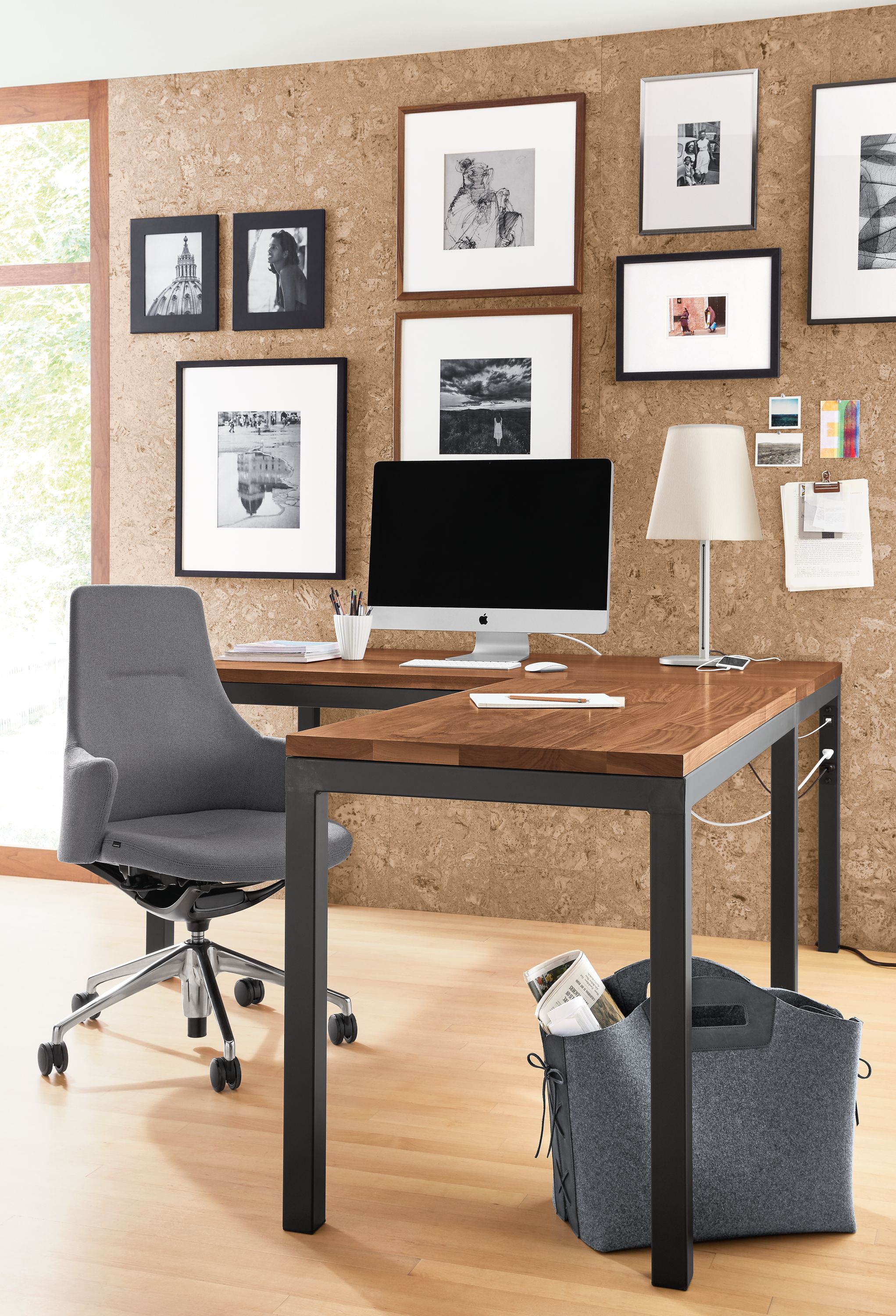 60w 36d desk with 48w 24d right-facing return, right leg power cord - walnut top and natural steel base with black power plate