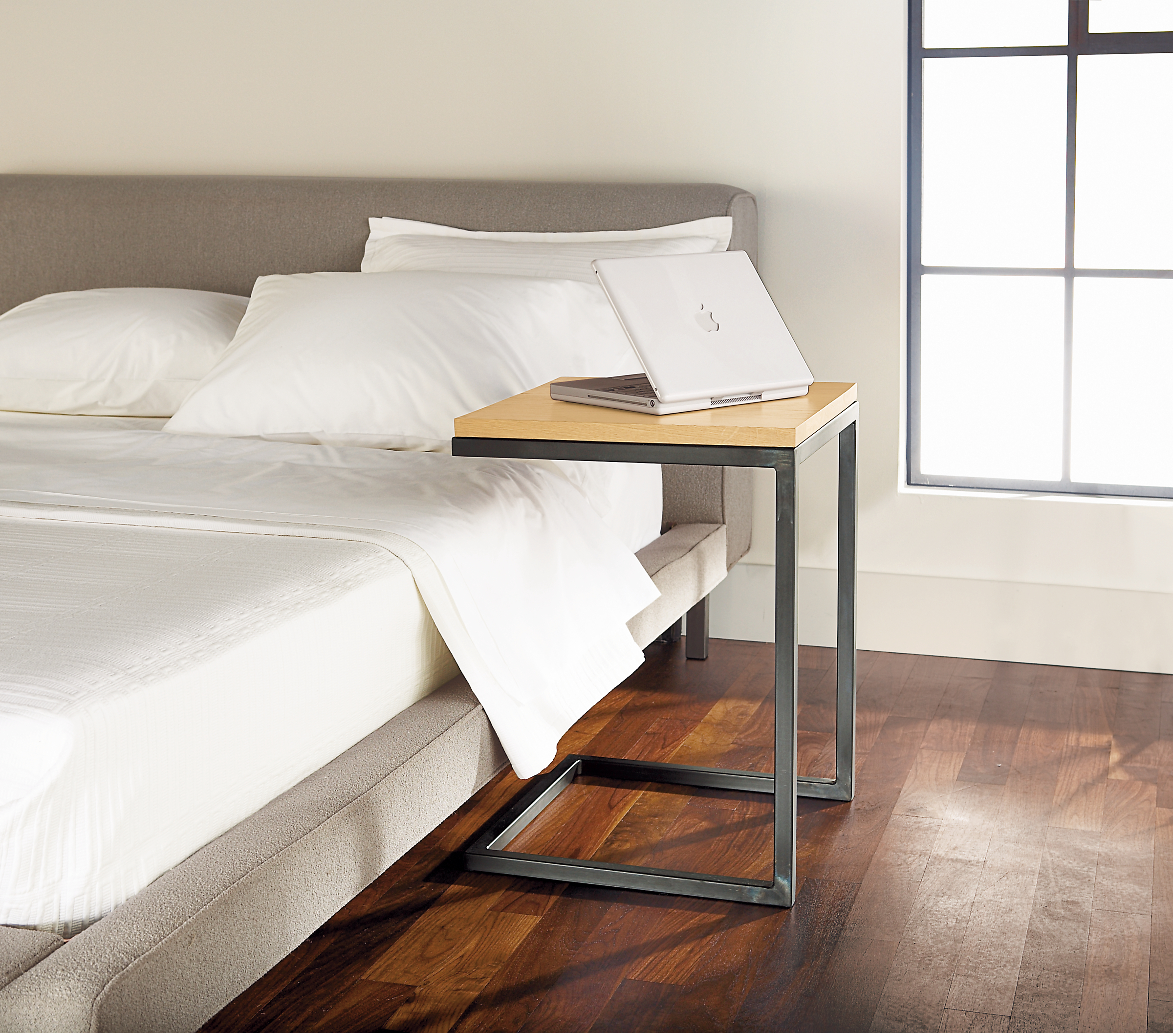 Bedroom with Parsons 18 by18 by 25-high  C-Shaped End Table in natural steel with maple top.