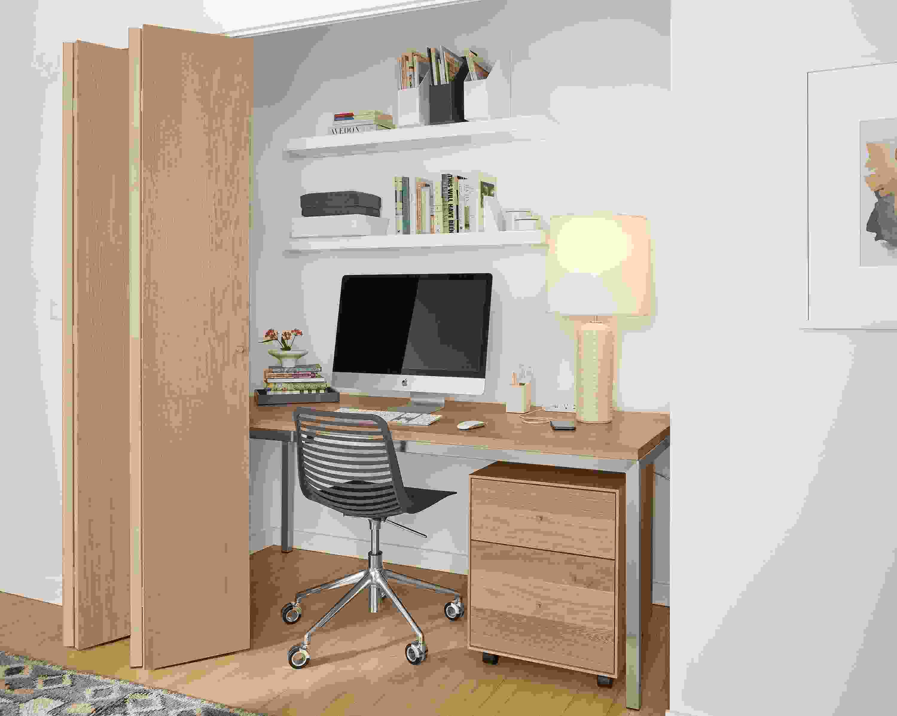 Closet space with a Parsons desk and Hudson Rolling File Cabinet in Rye along with the Mini swivel chair in dark grey.