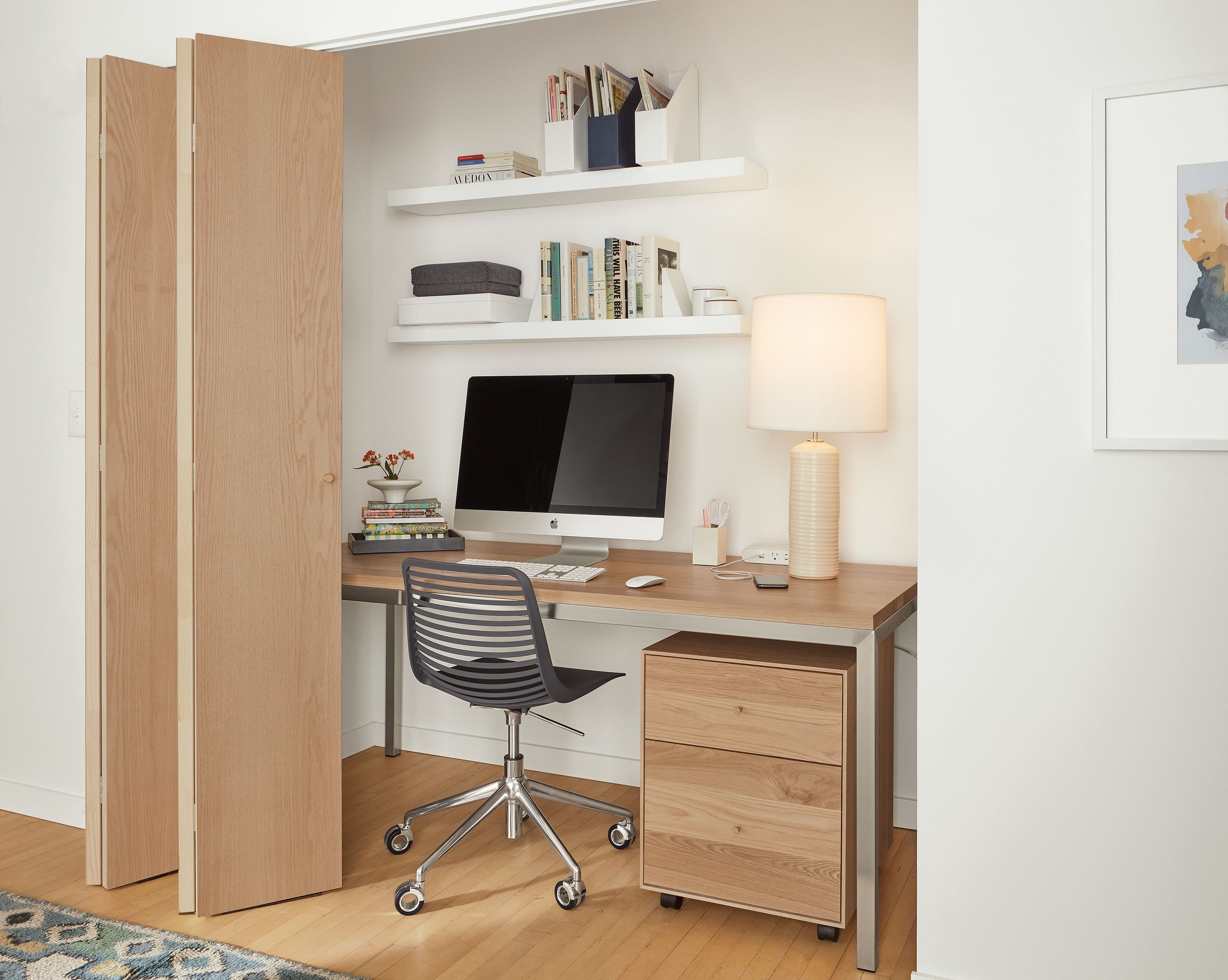 Closet space with a Parsons desk and Hudson Rolling File Cabinet in Rye along with the Mini swivel chair in dark grey.