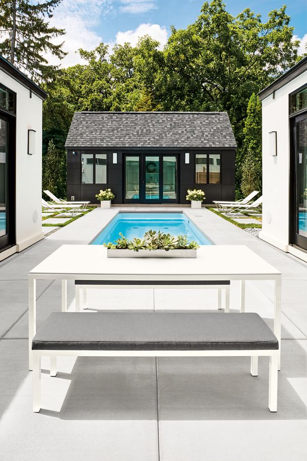 Outdoor setting with parsons 72-wide table in white with parsons 58-by-15 outdoor bench.