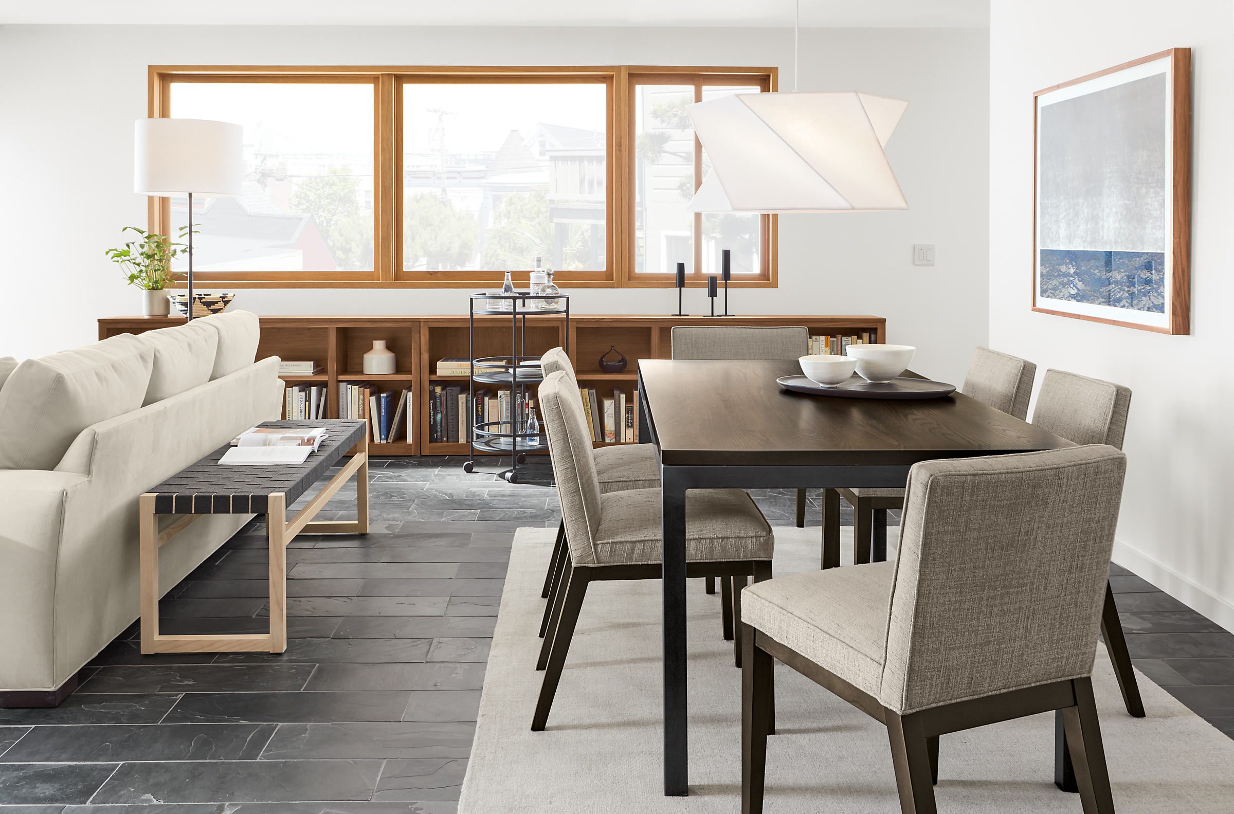 Parsons dining table in open concept room.