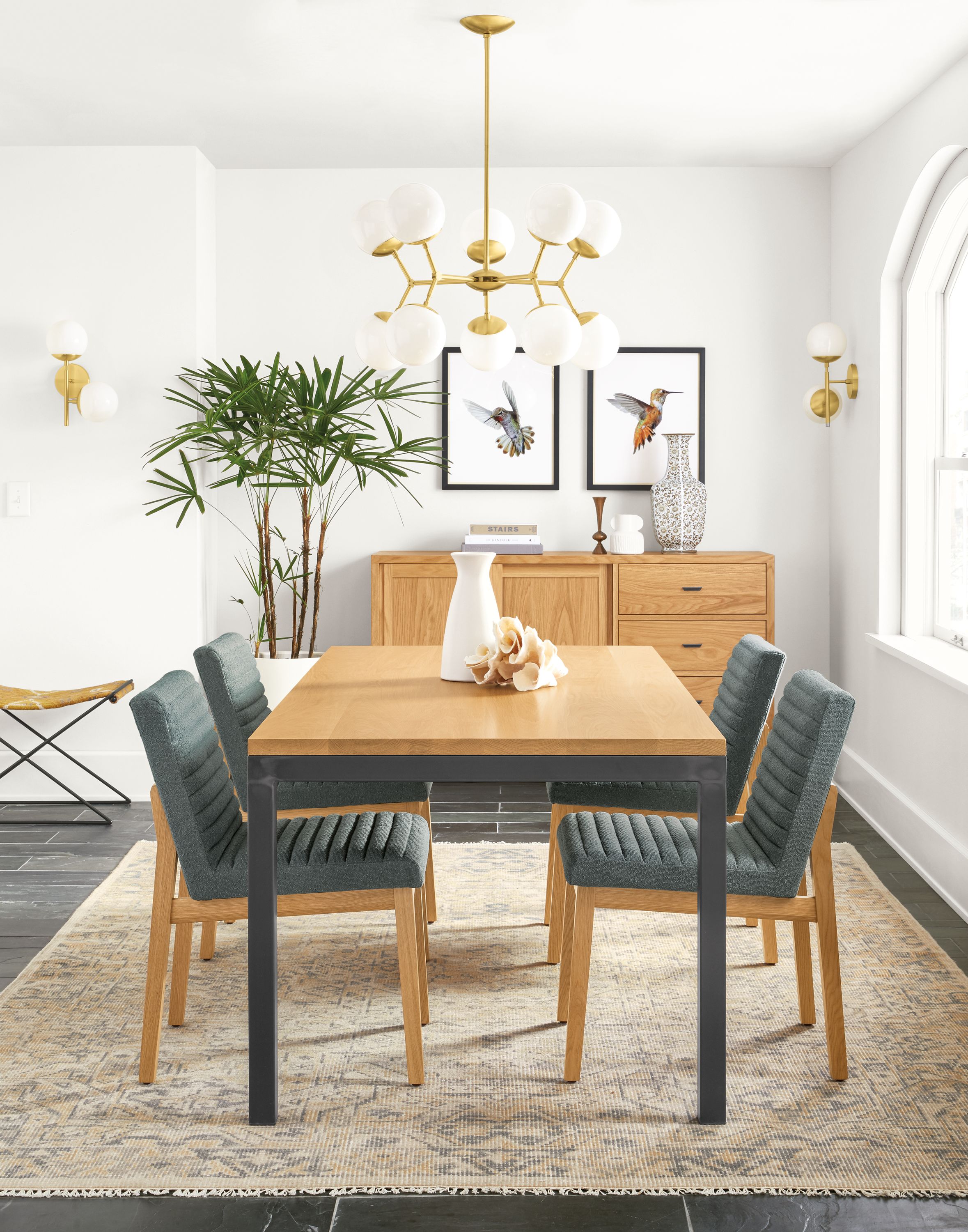 Dining room with Parsons table in natural steel.