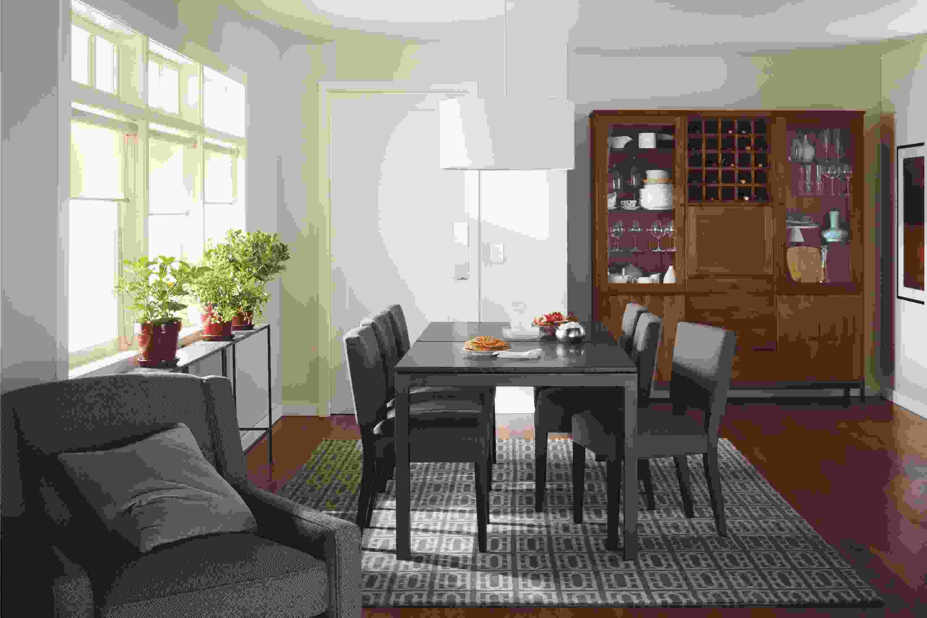 Dining setting with parsons 72-wide by 36-deep dining room table with mesabi black granite top and georgia chairs with linear storage cabinet.