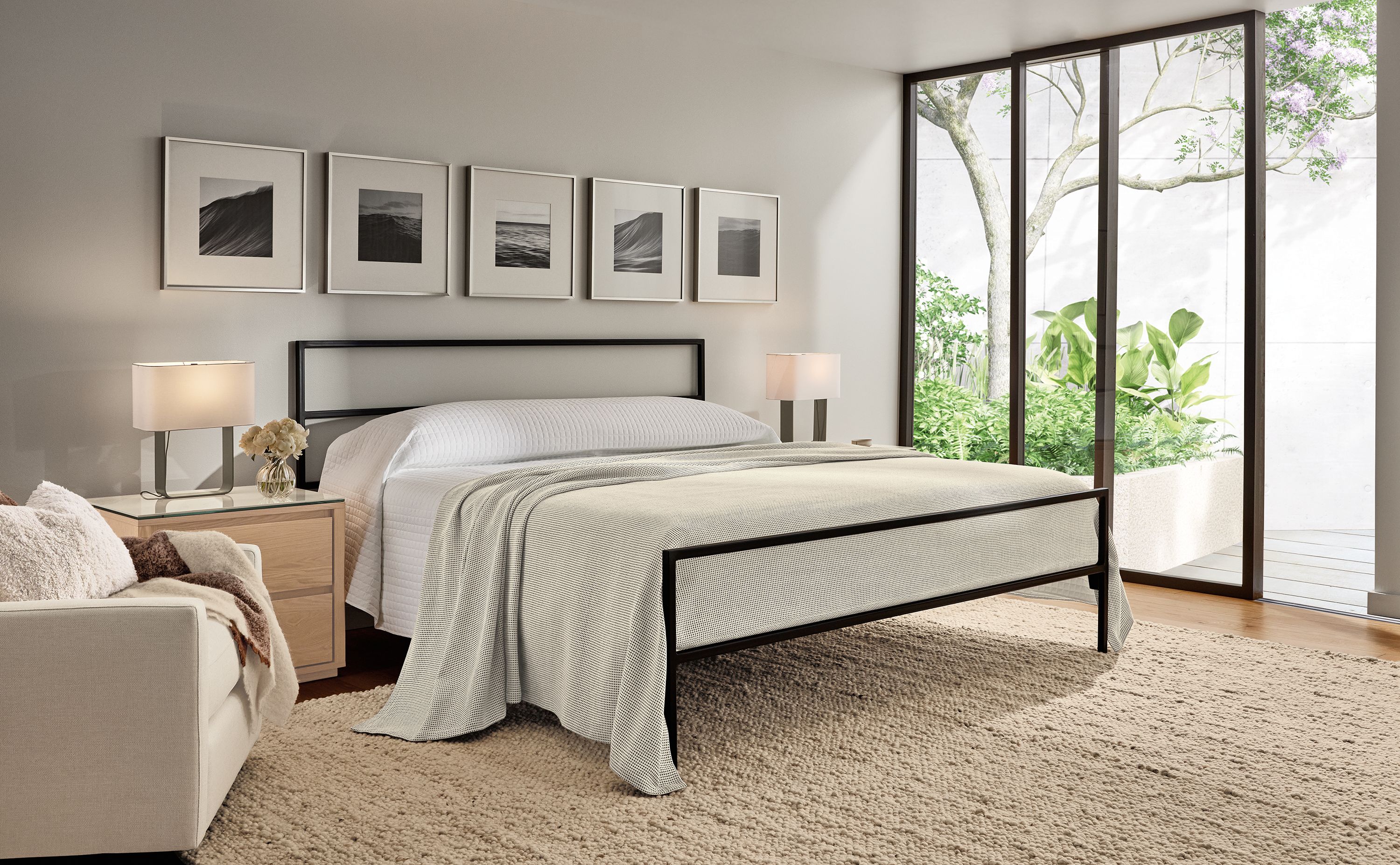 Bedroom with Parsons king headboard for standard bed in natural steel and cobble rug in Ecru.