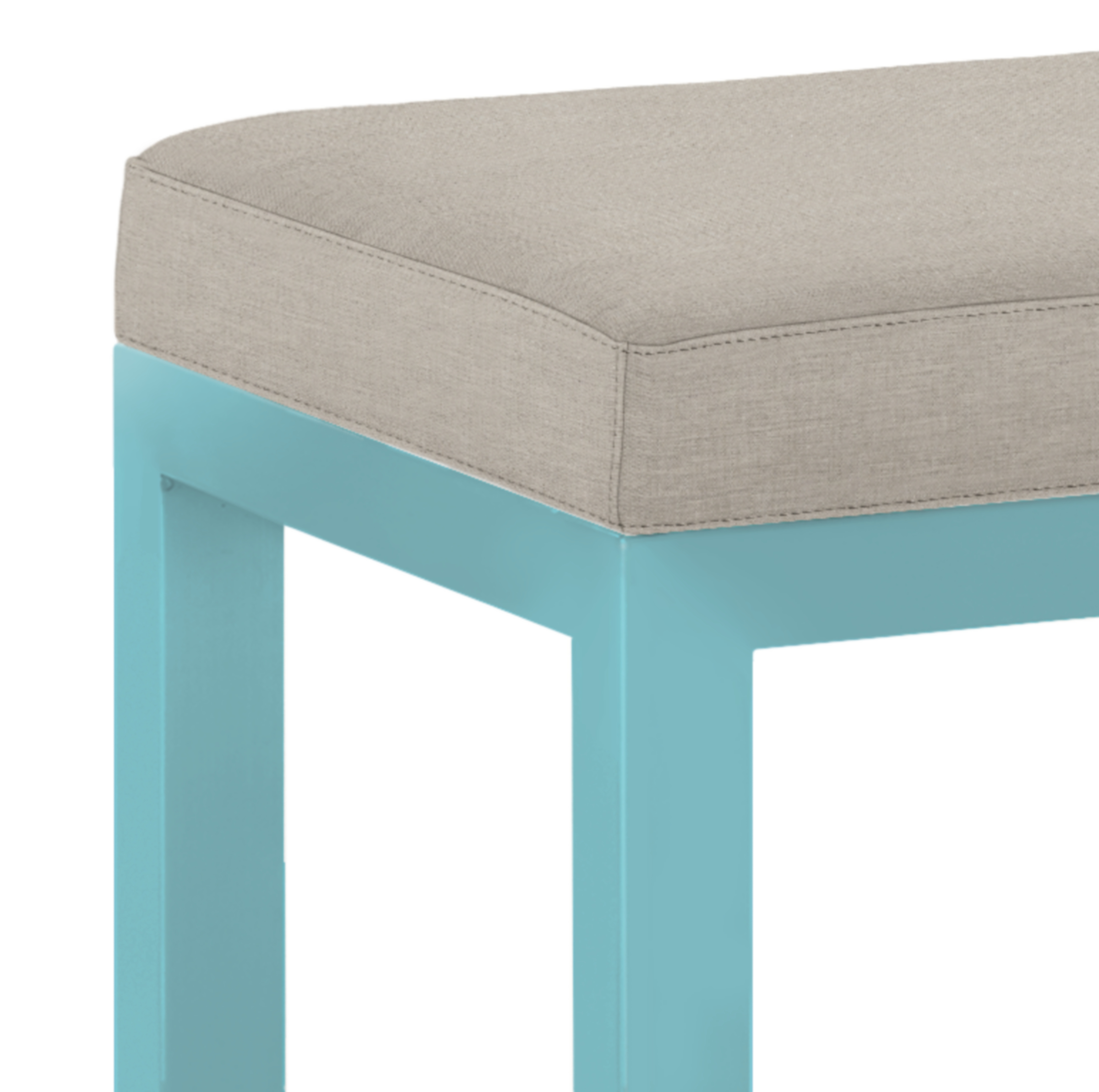 Detail of Parsons 46-wide Bench in Sunbrella Canvas Silver with Ocean powder coat 1.5 Base.