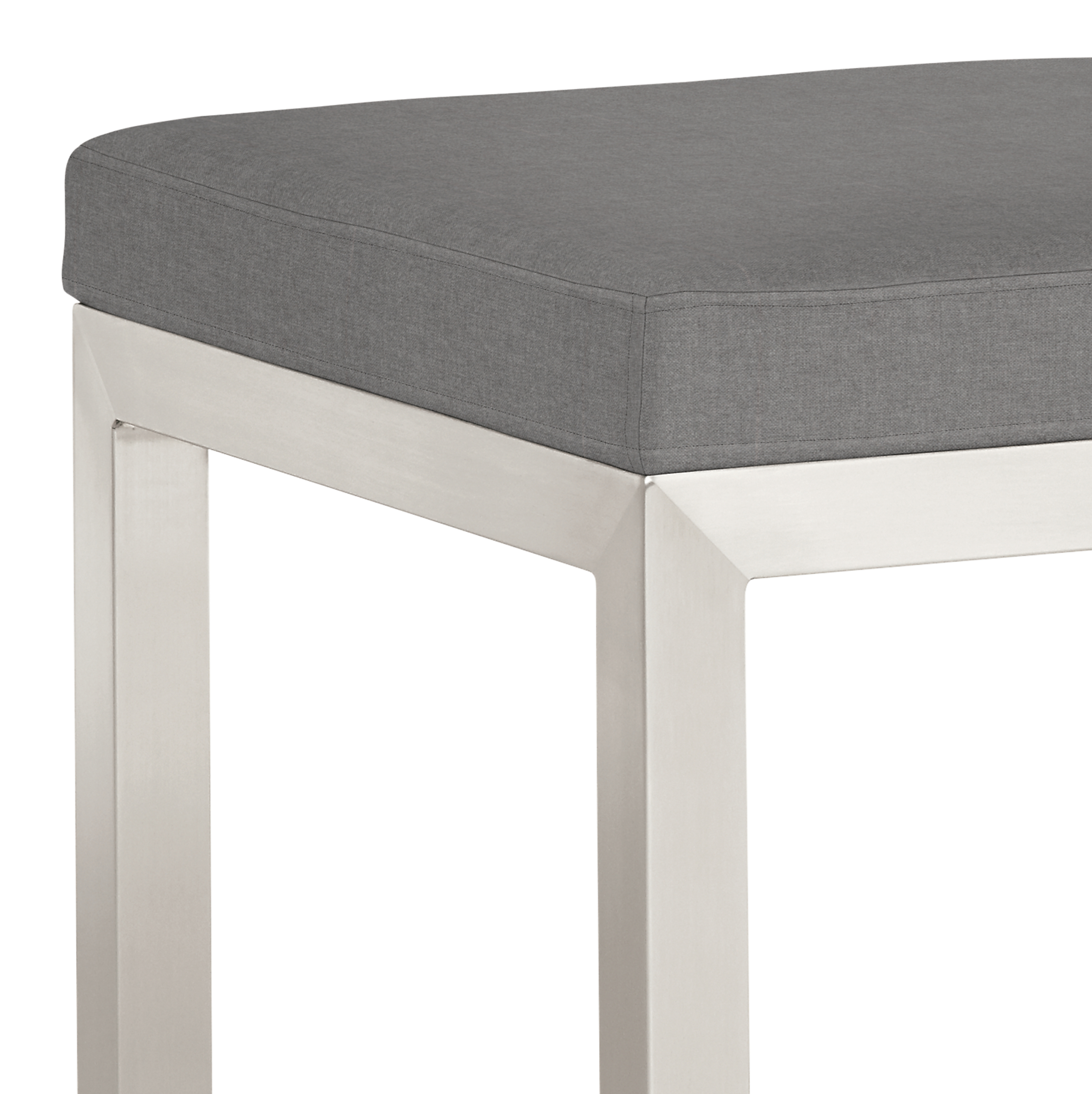 Detail of Parsons 46-wide Bench in Sunbrella Canvas Slate with Stainless Steel 1.5" Base.