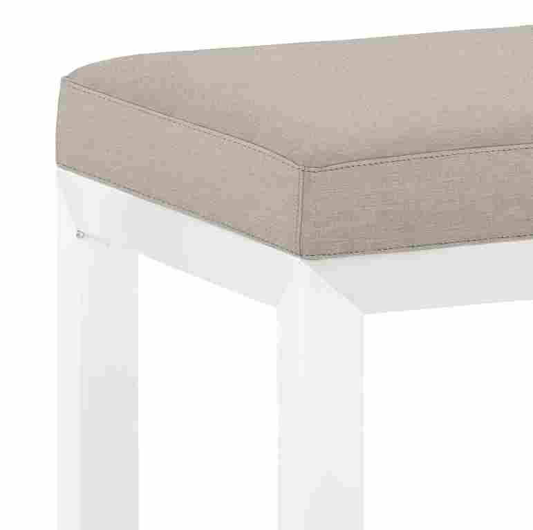 Detail of Parsons 46-wide Bench in Sunbrella Canvas Silver with White powder coat 1.5 Base.