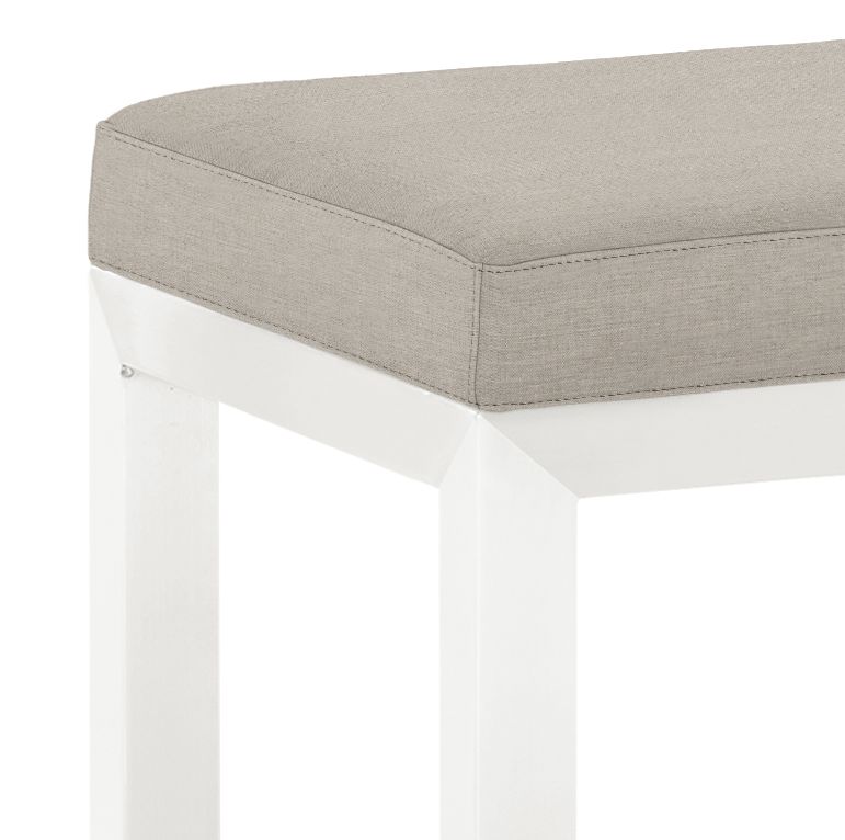 Detail of Parsons 46-wide Bench in Sunbrella Canvas Silver with White powder coat 1.5 Base.