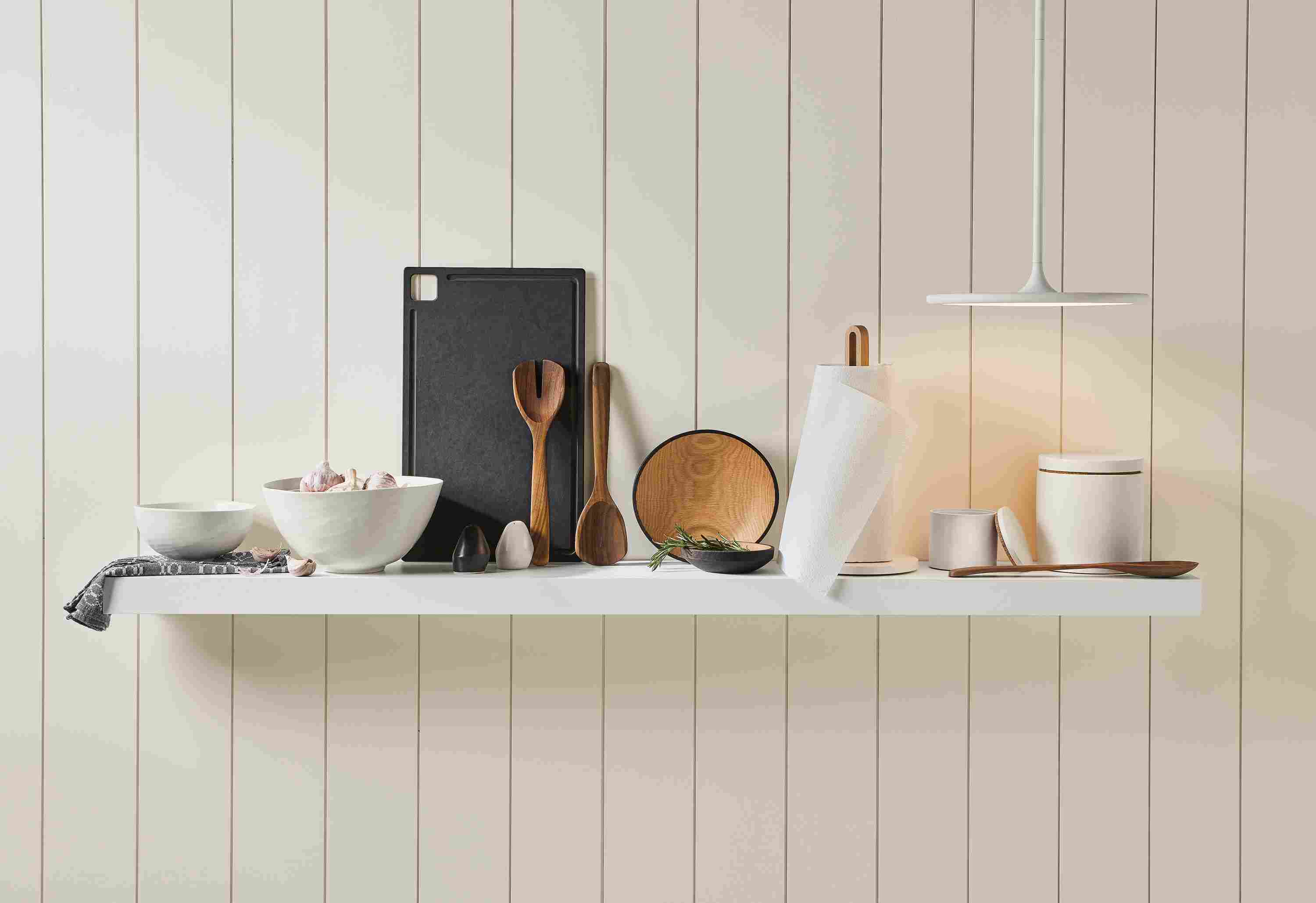 Kitchen setting with Anya bowls in white and a variety of kitchen accessories.