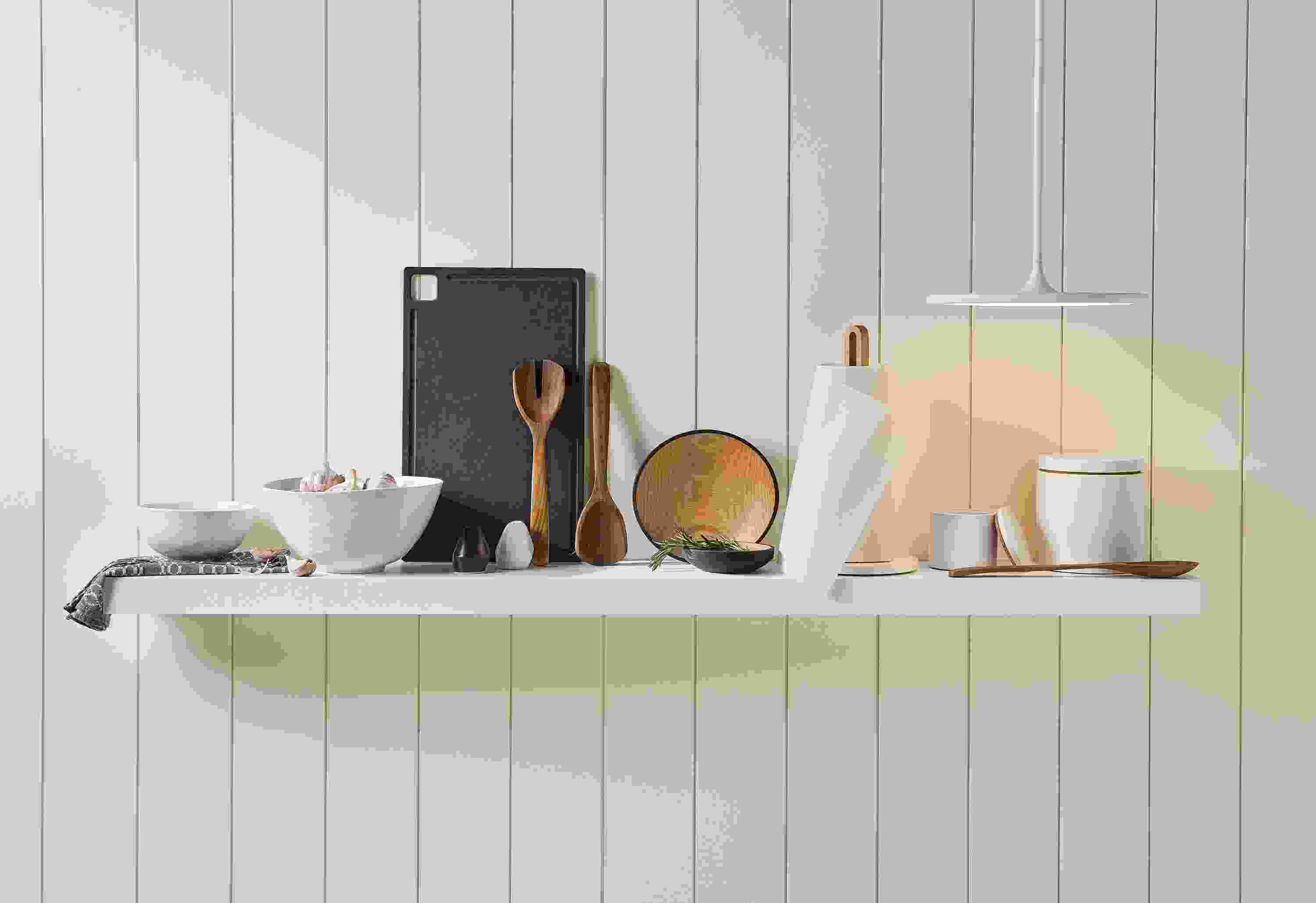Kitchen setting with Anya bowls in white and a variety of kitchen accessories.