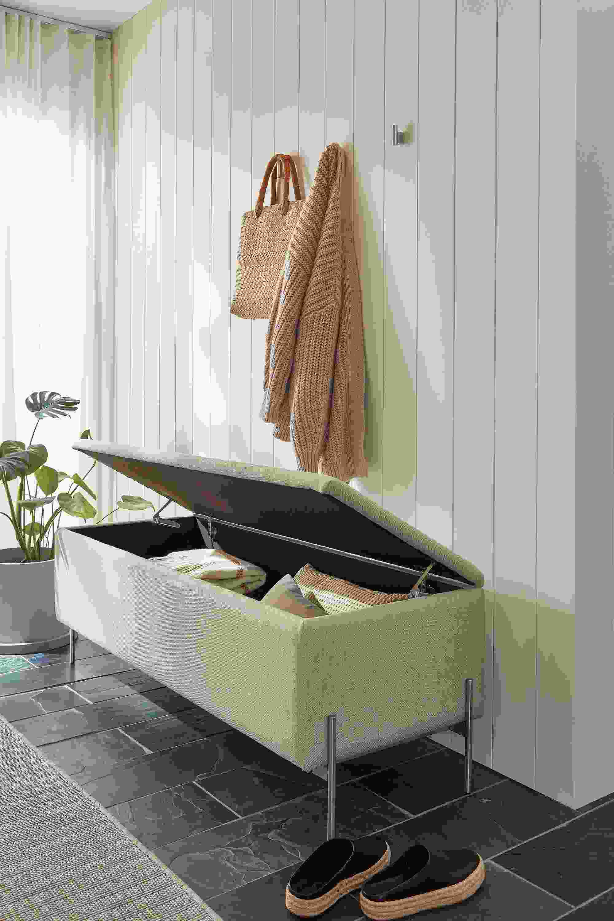 Entryway with paxton 54-wide storage bench in Sumner Linen fabric shown open.