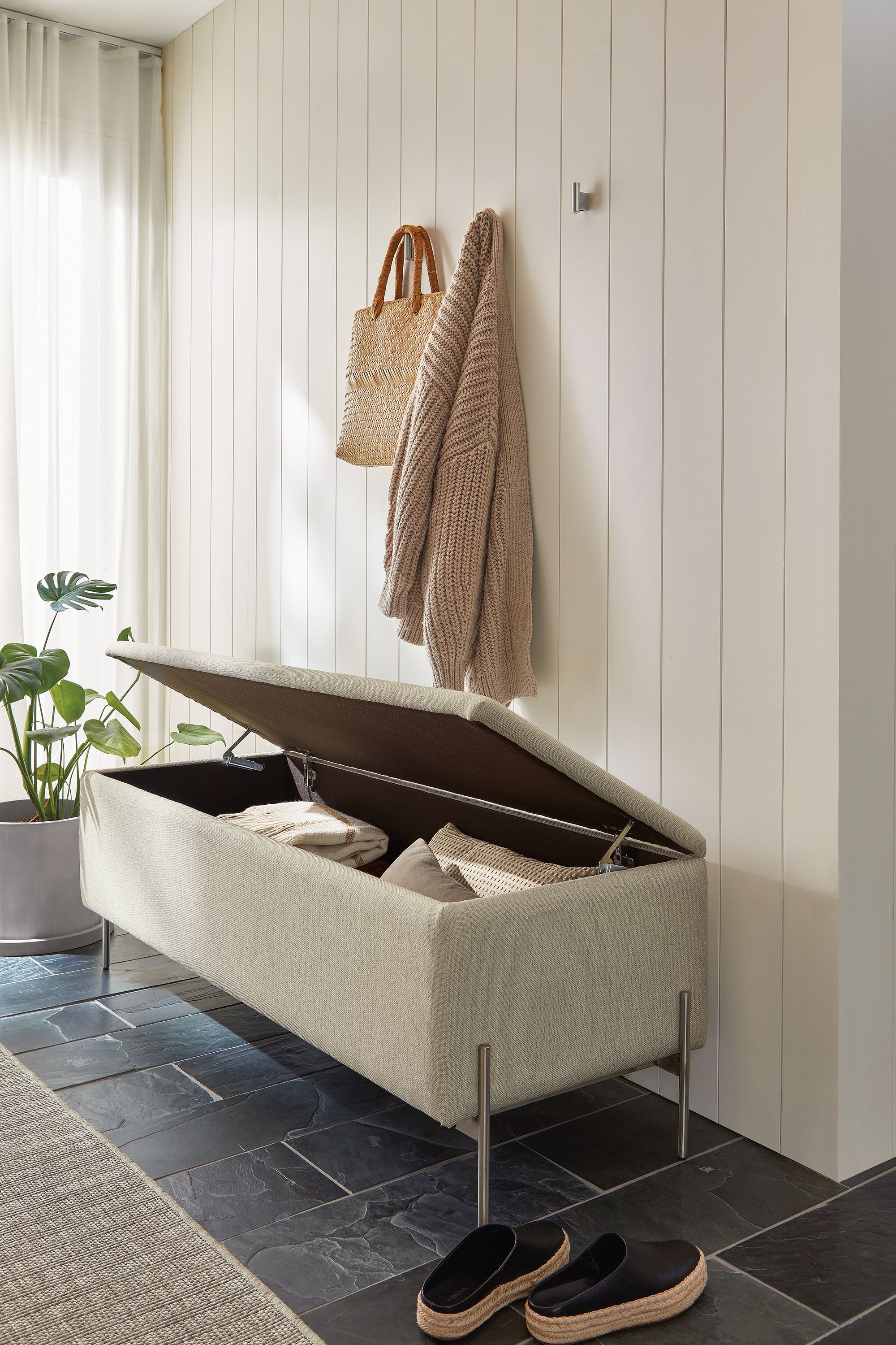 54"w storage bench in Sumner linen fabric with stainless steel base