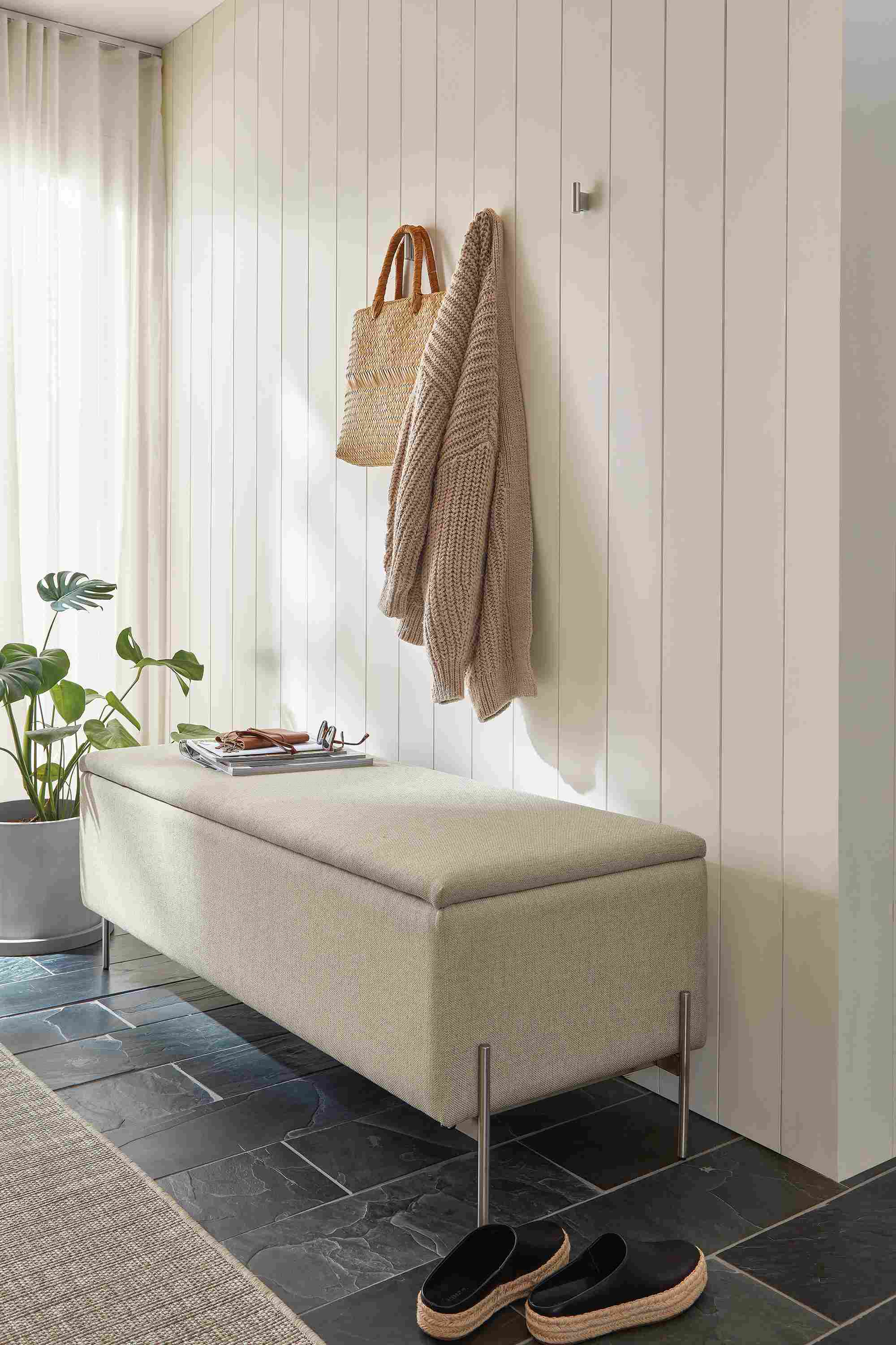 Entryway with paxton 54-wide storage bench in Sumner Linen fabric.