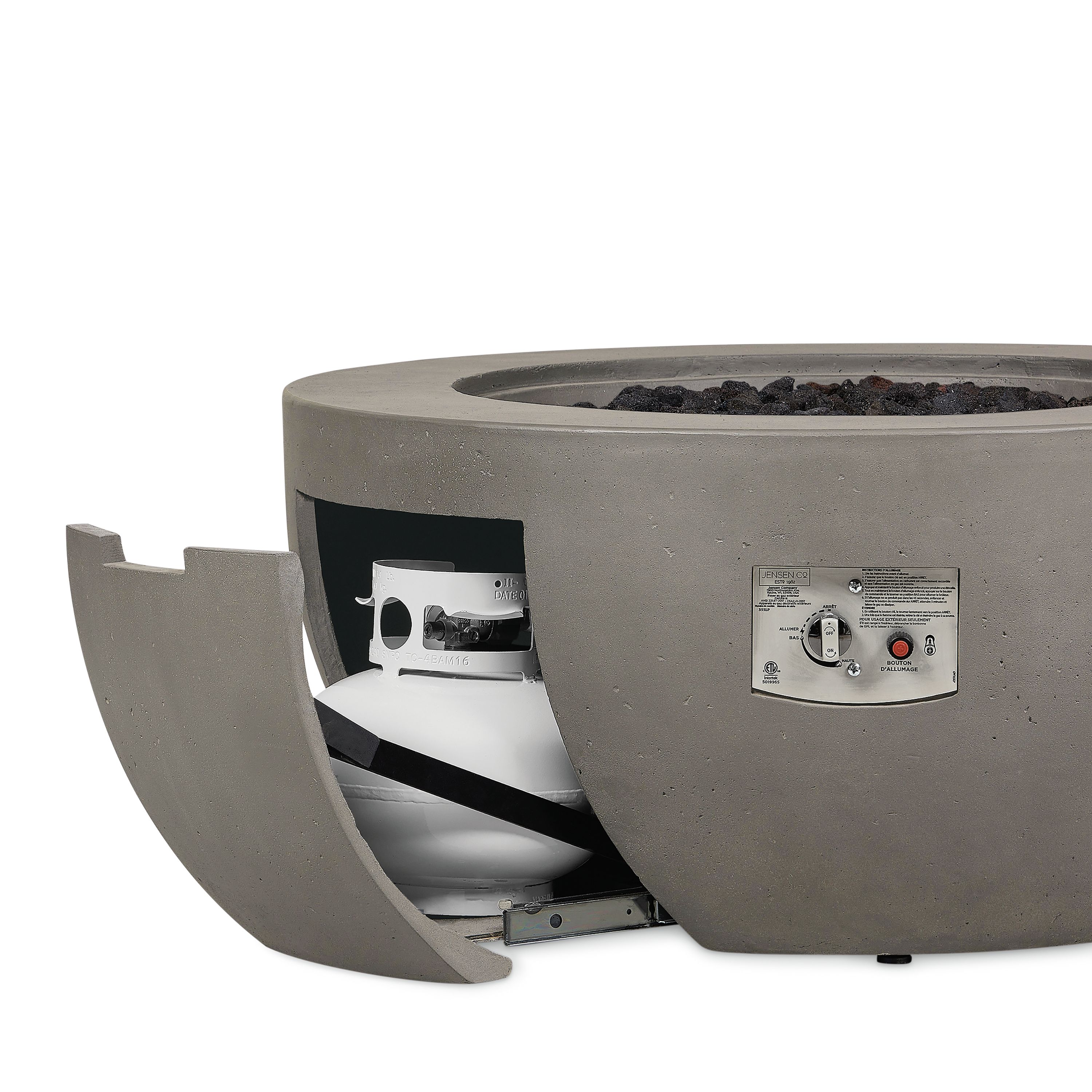 Pele 44-diameter outdoor propane fire table in grey concrete shown with tank access door open showing tank inside.