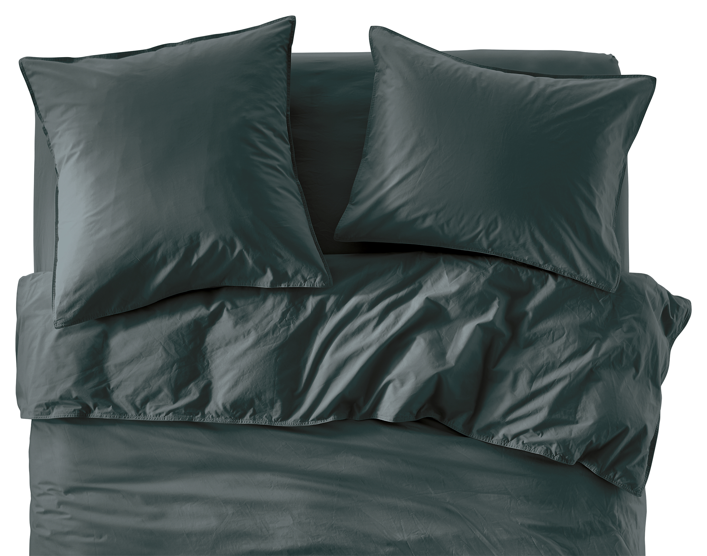 detail of signature percale duvet cover, shams and sheets in dark slate on bed.