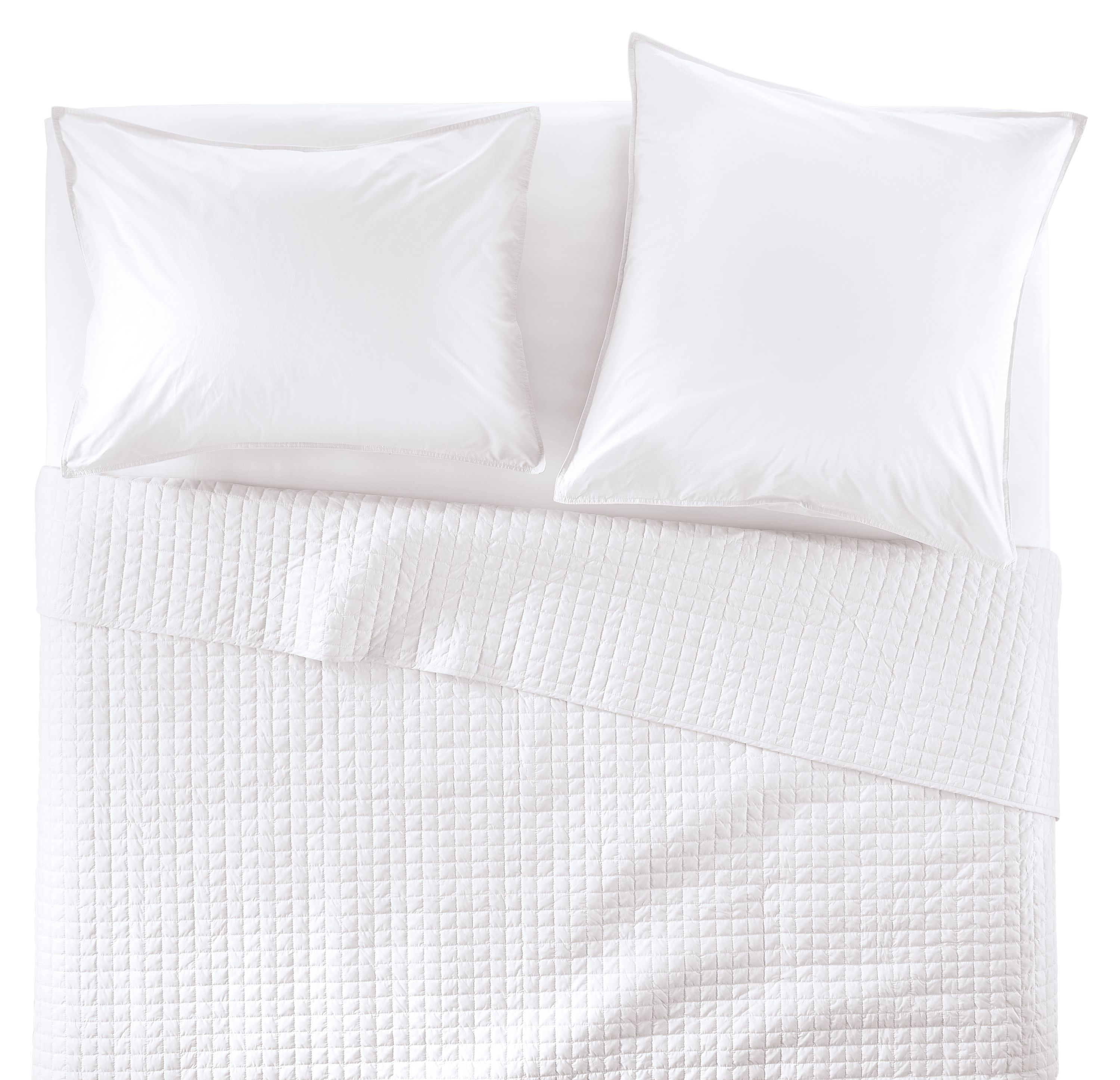 Overhead view of Core queen bed with Signature Percale quilted coverlet, fitted sheet and shams in white.