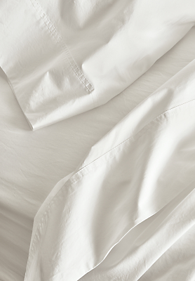 Detail view of signature percale bedding in white.