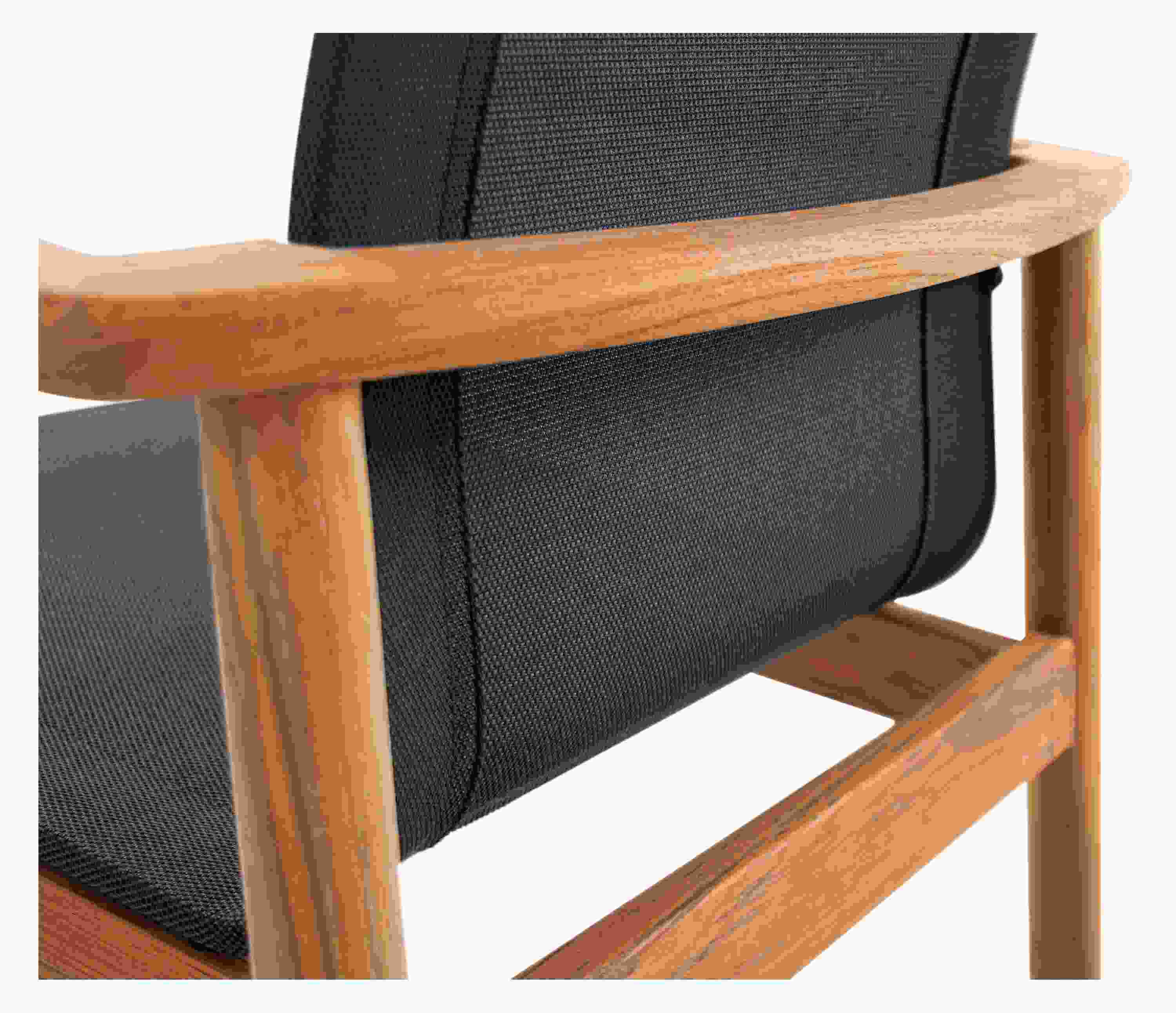 Back detail of Peri Arm Chair in Teak with Slate Sling.