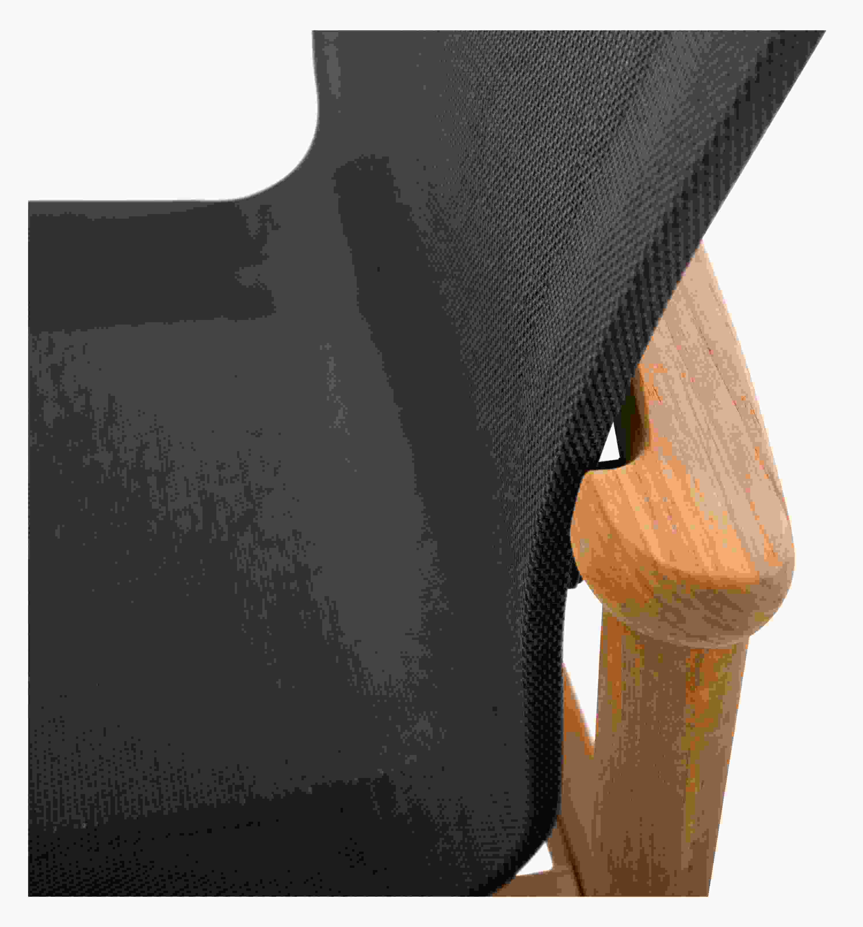 Side detail of Peri Side Chair in Teak with Slate Sling.