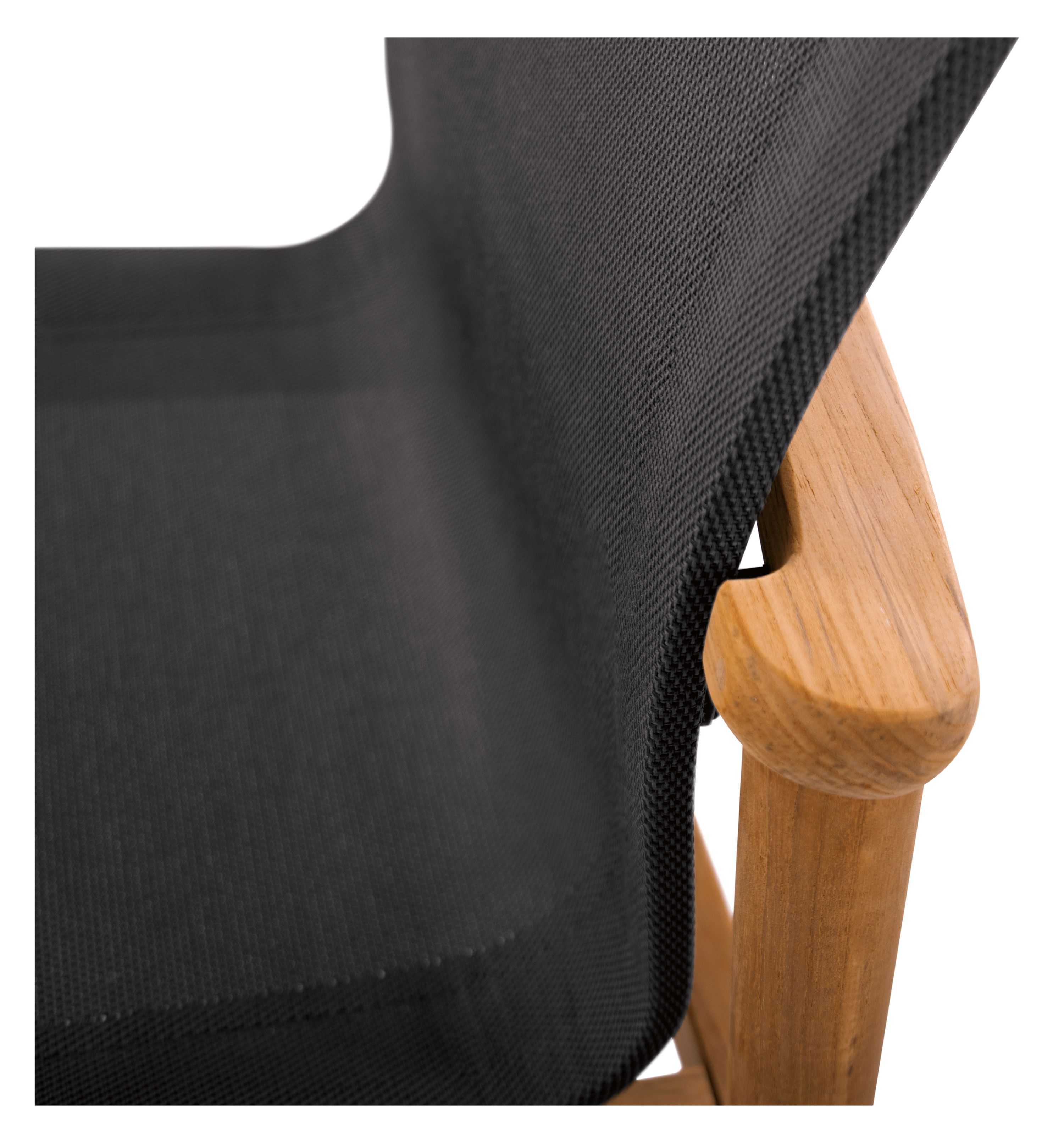 Side detail of Peri Side Chair in Teak with Slate Sling.