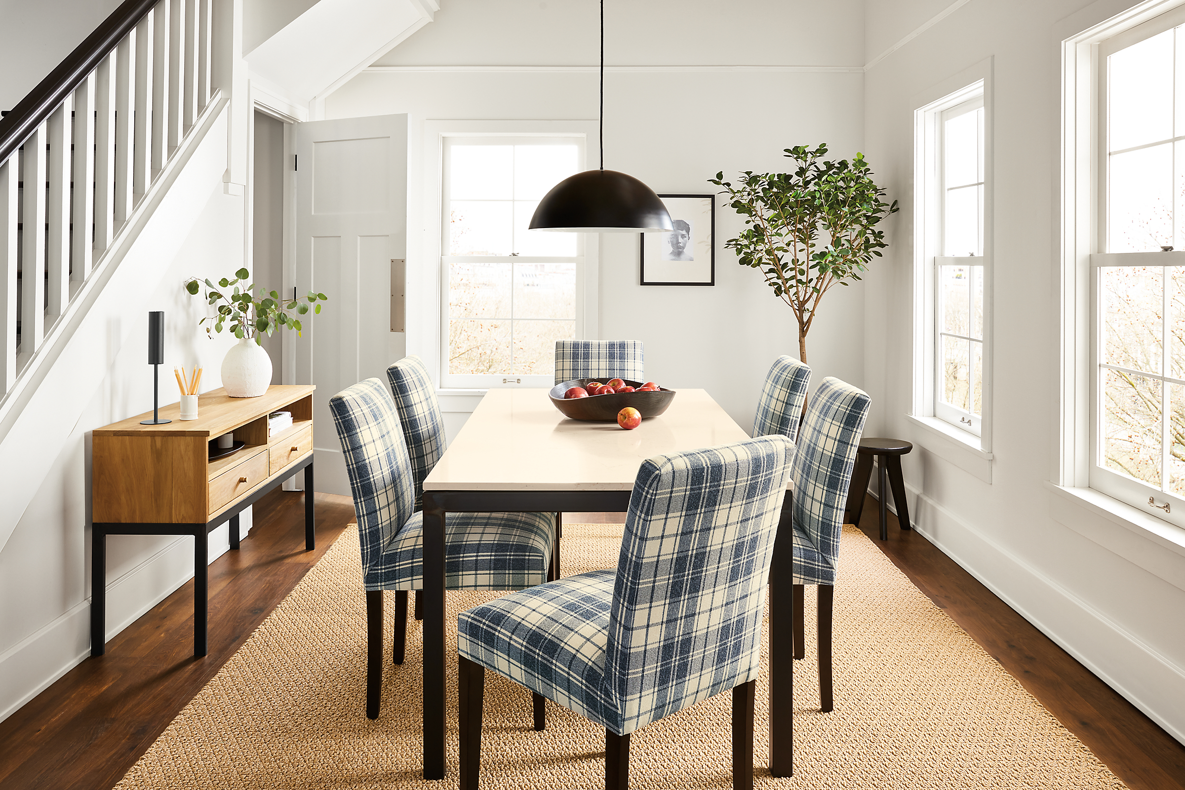 Dining room setting with peyton side chairs and parsons 72-wide table.