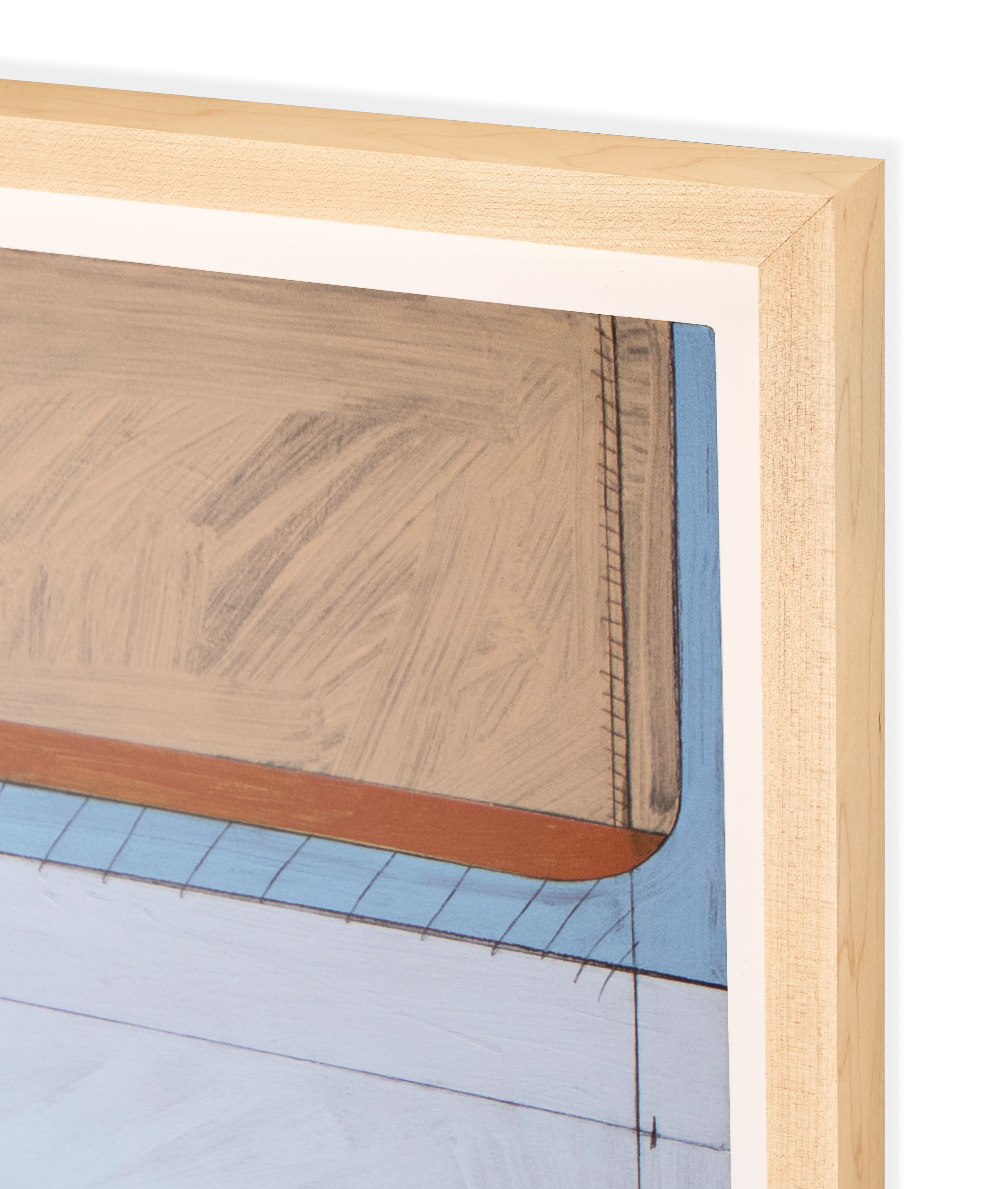 Corner detail of Frank Phillips wall art frame in maple.
