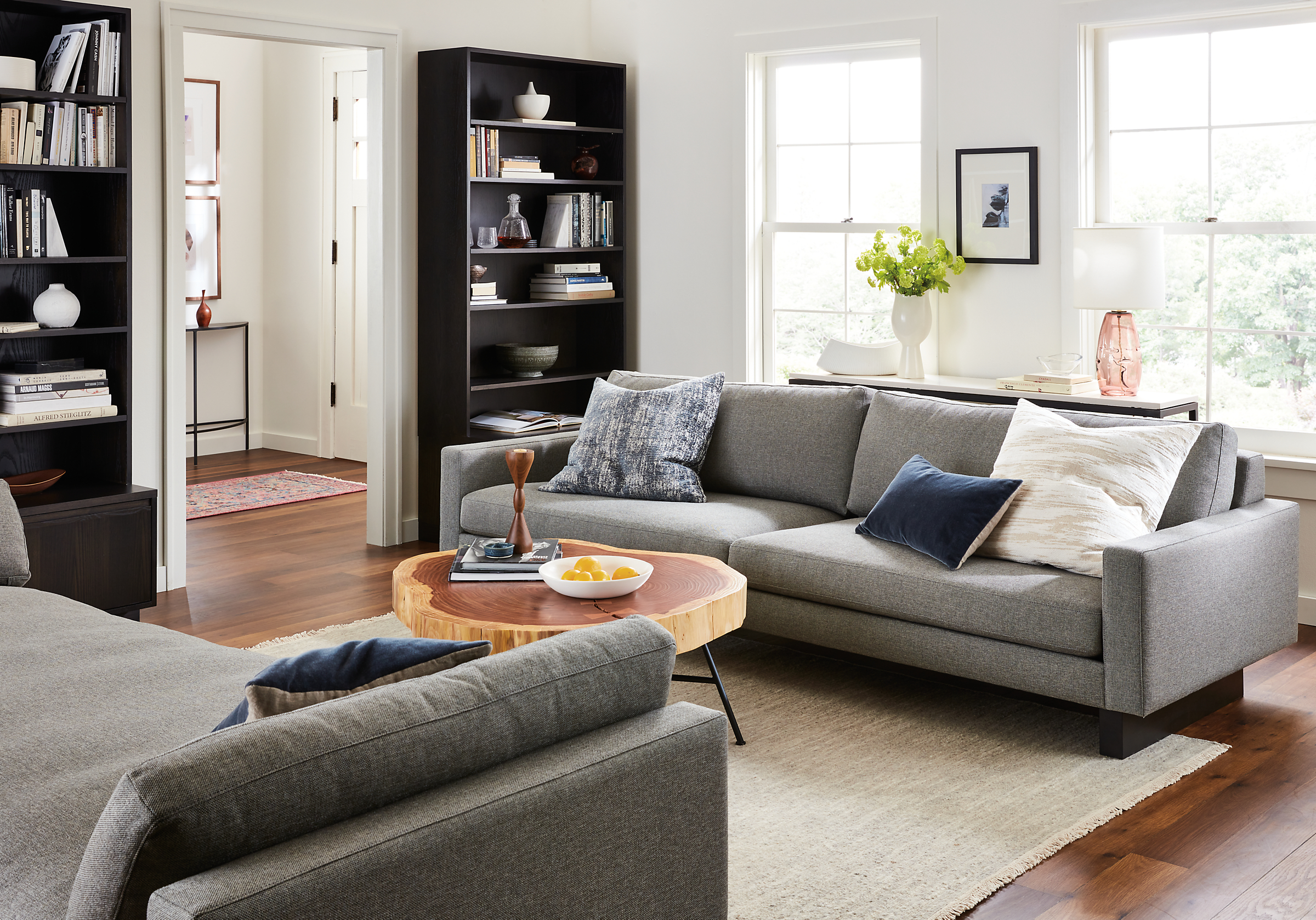 Living room setting pierson 102-inch sofa and 102-inc daybed in sumner fabric with charcoal wood base.