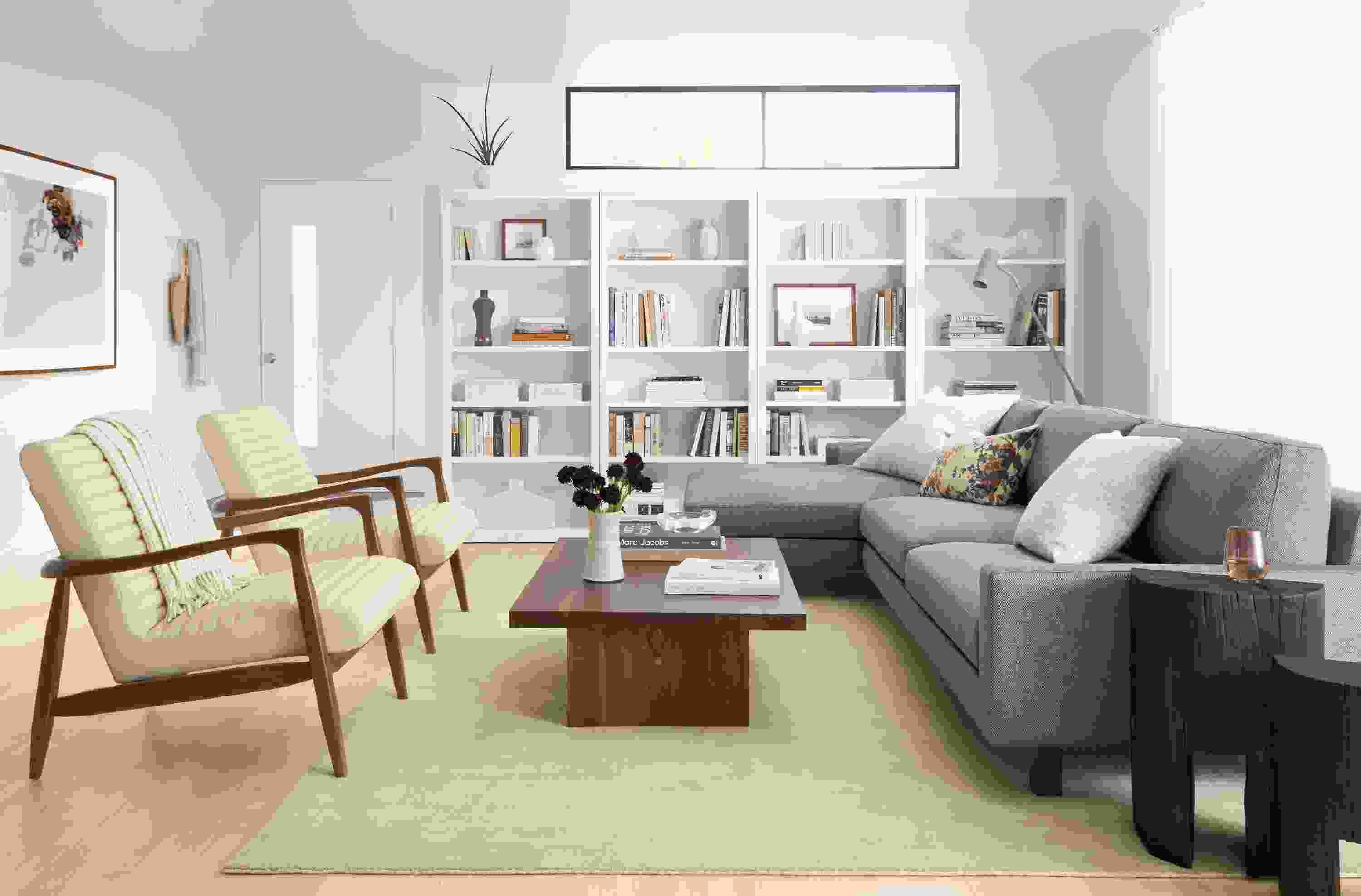 room setting including pierson sofa with chaise, 2 callan chairs and corbett coffee table.