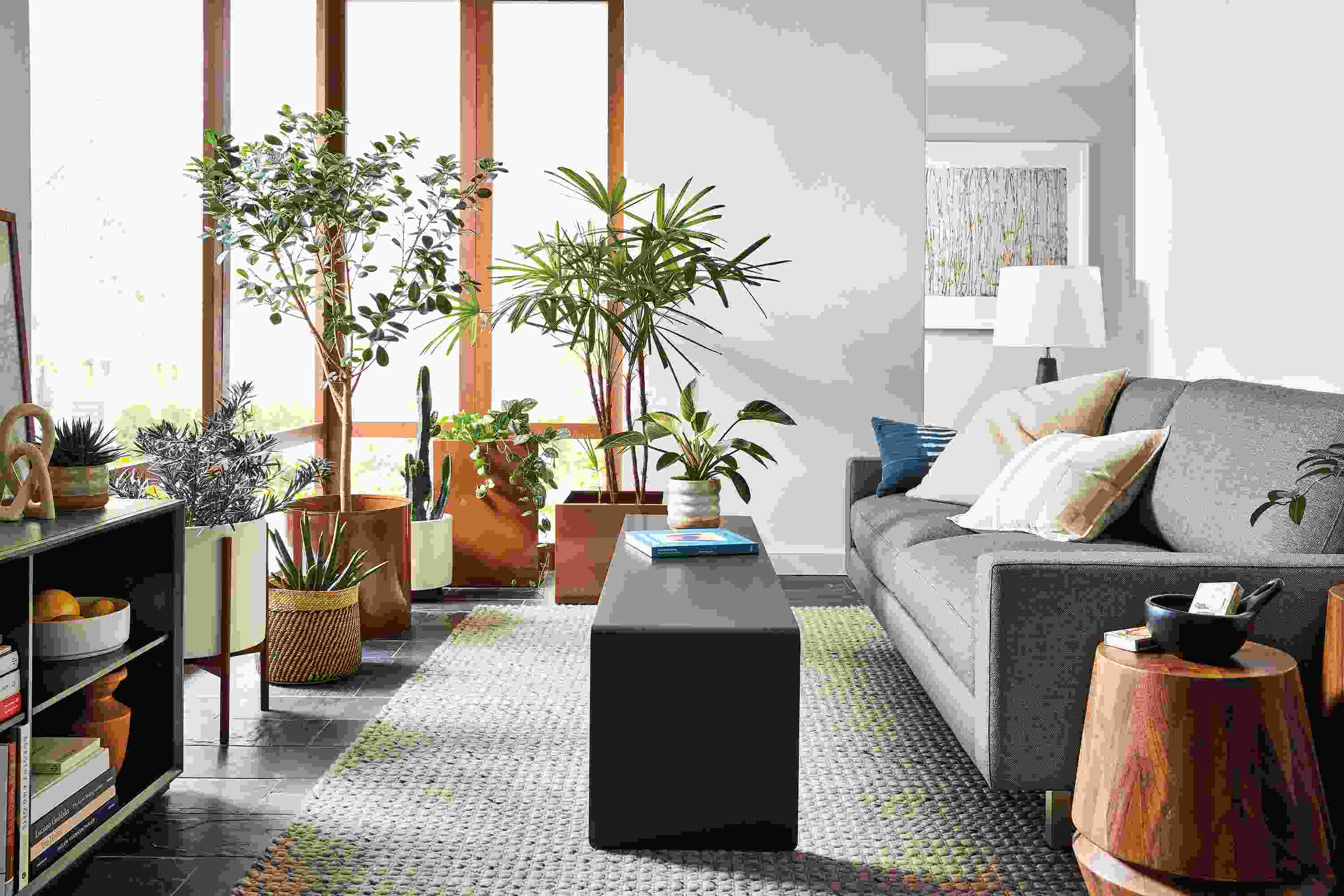 Room setting with Pierson 79-inch sofa with metal base and cooper 60-wode bench.