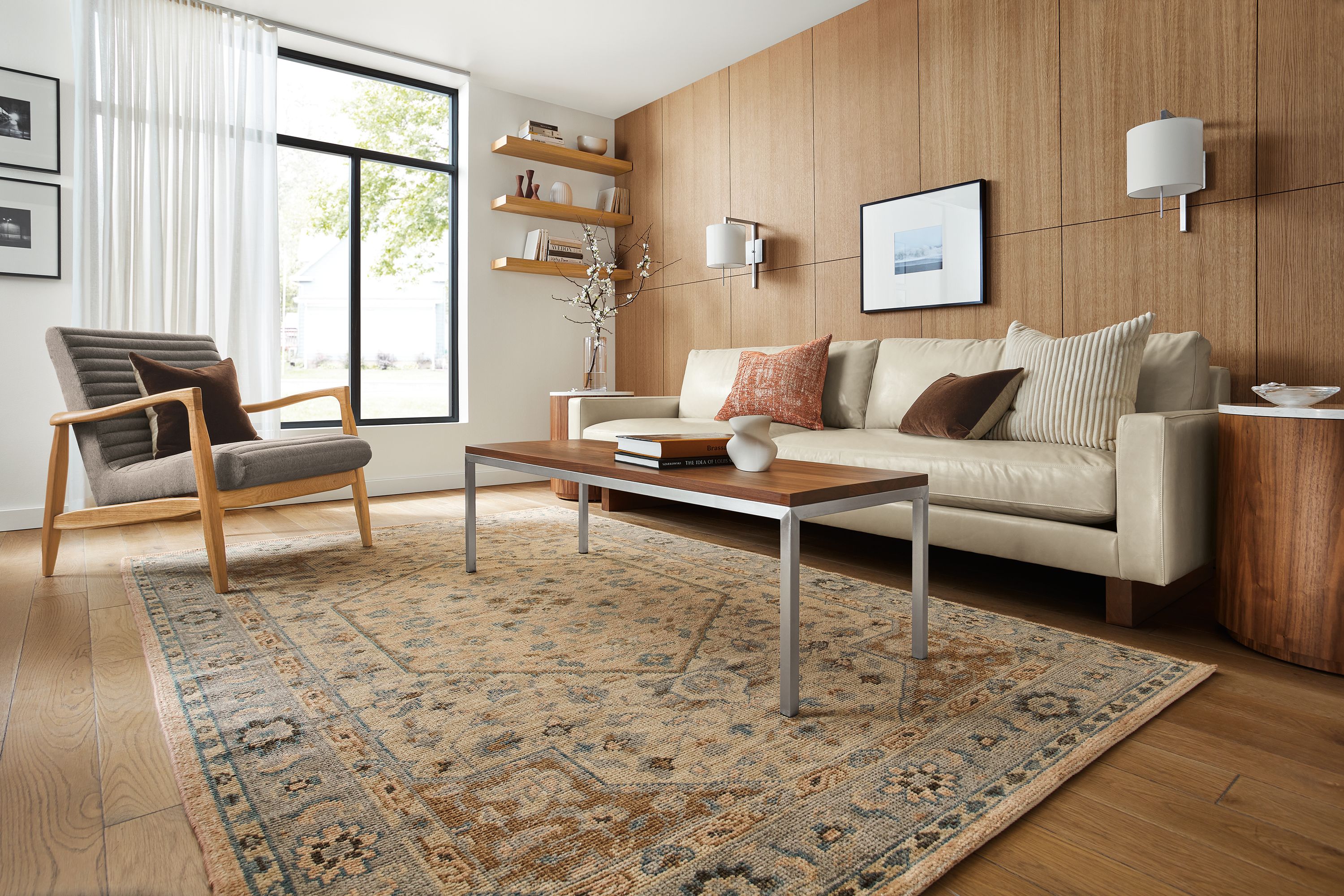 living room with pierson sofa and veda rug in camel.